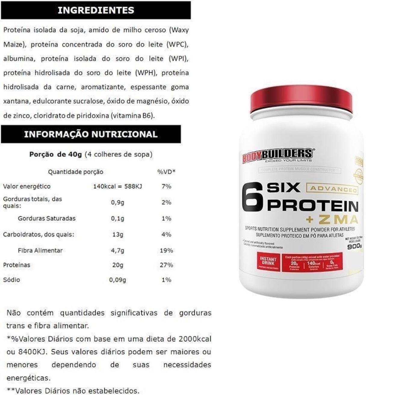 Kit de Suplementos Bodybuilders Six Advanced: Whey Protein - 900g + BCAA - 100g + Voltz + ZMA + Creatina - 100g + Coqueteleira - Foto 2