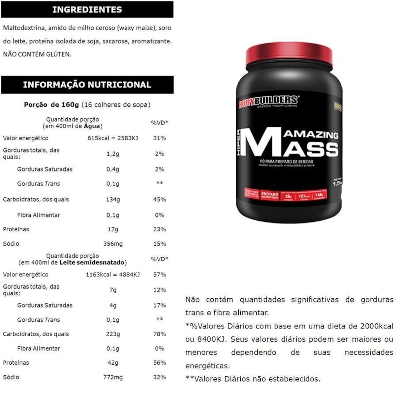 Kit Bodybuilders: Hipercalórico Amazing Mass Chocolate 1,5kg + Whey Protein Chocolate 500g + BCAA 100g - Foto 2