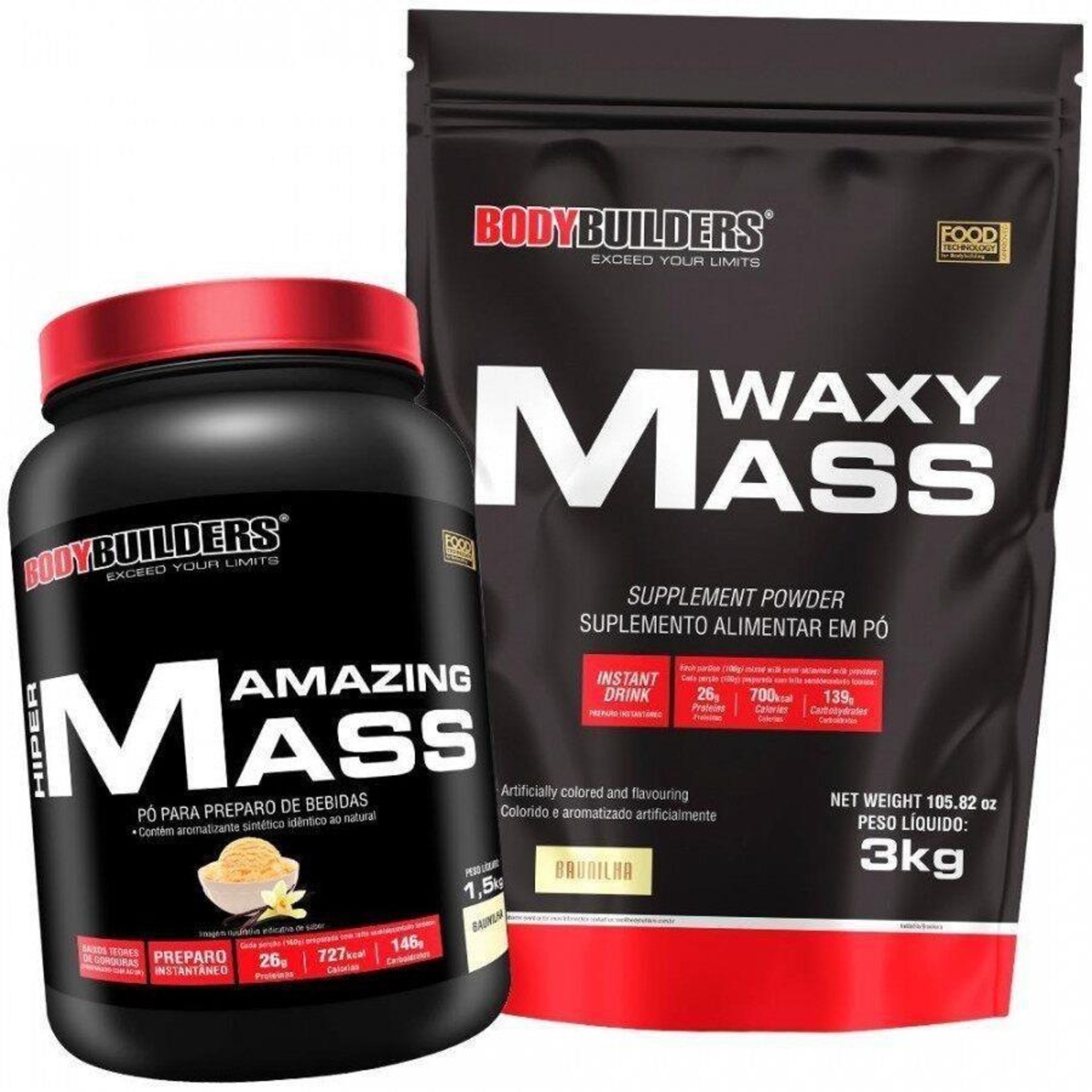 Kit Bodybuilders: Waxy Mass - Baunilha - 3kg + Amazing Mass - Baunilha - 1,5kg - Foto 1