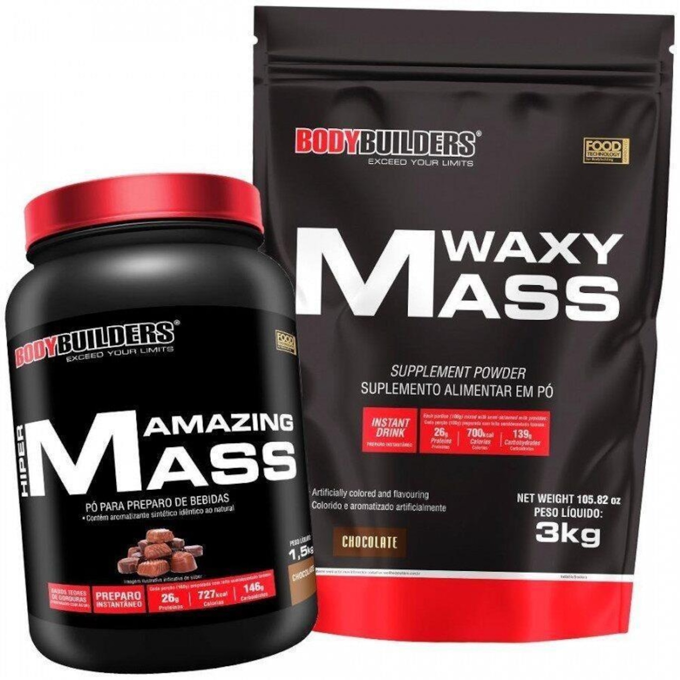 Kit Bodybuilders: Waxy Mass - Chocolate - 3kg + Amazing Mass - Chocolate - 1,5kg - Foto 1