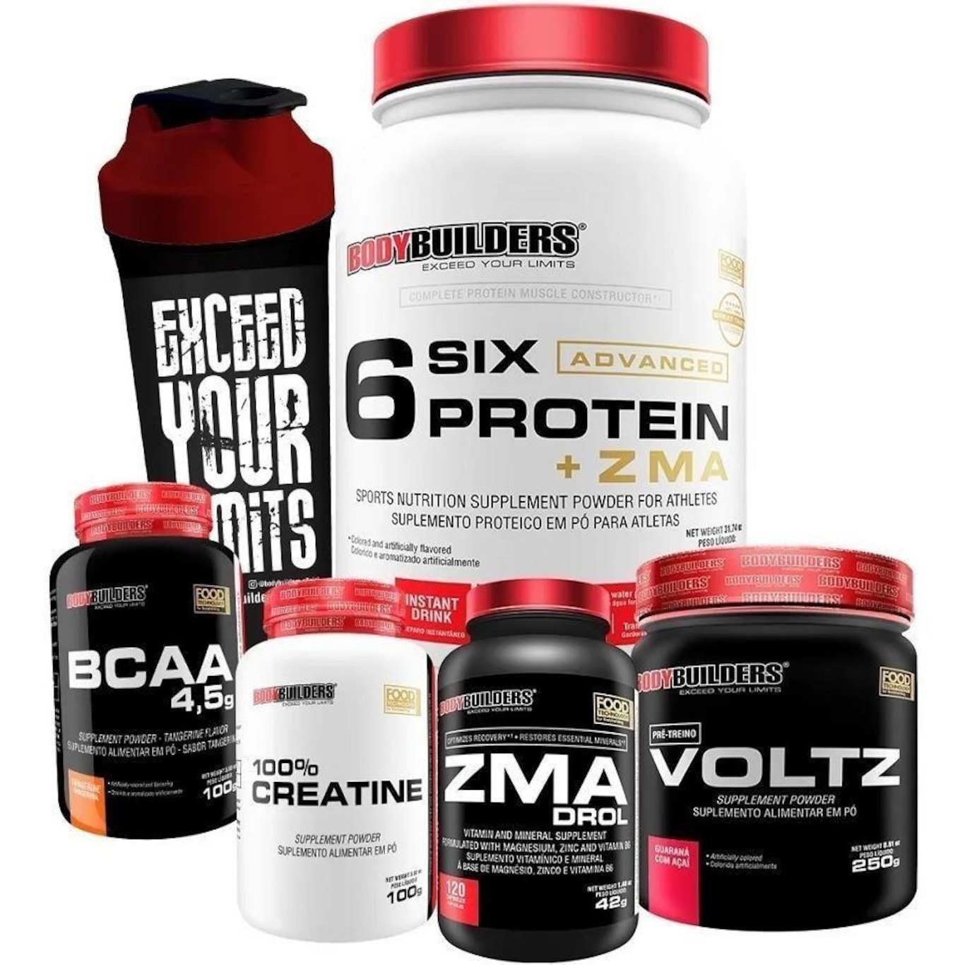 Kit Bodybuilders: Six Advanced - Chocolate - 900g + BCAA - 100g + Voltz + ZMA + Creatina - 100g + Coqueteleira - Foto 1