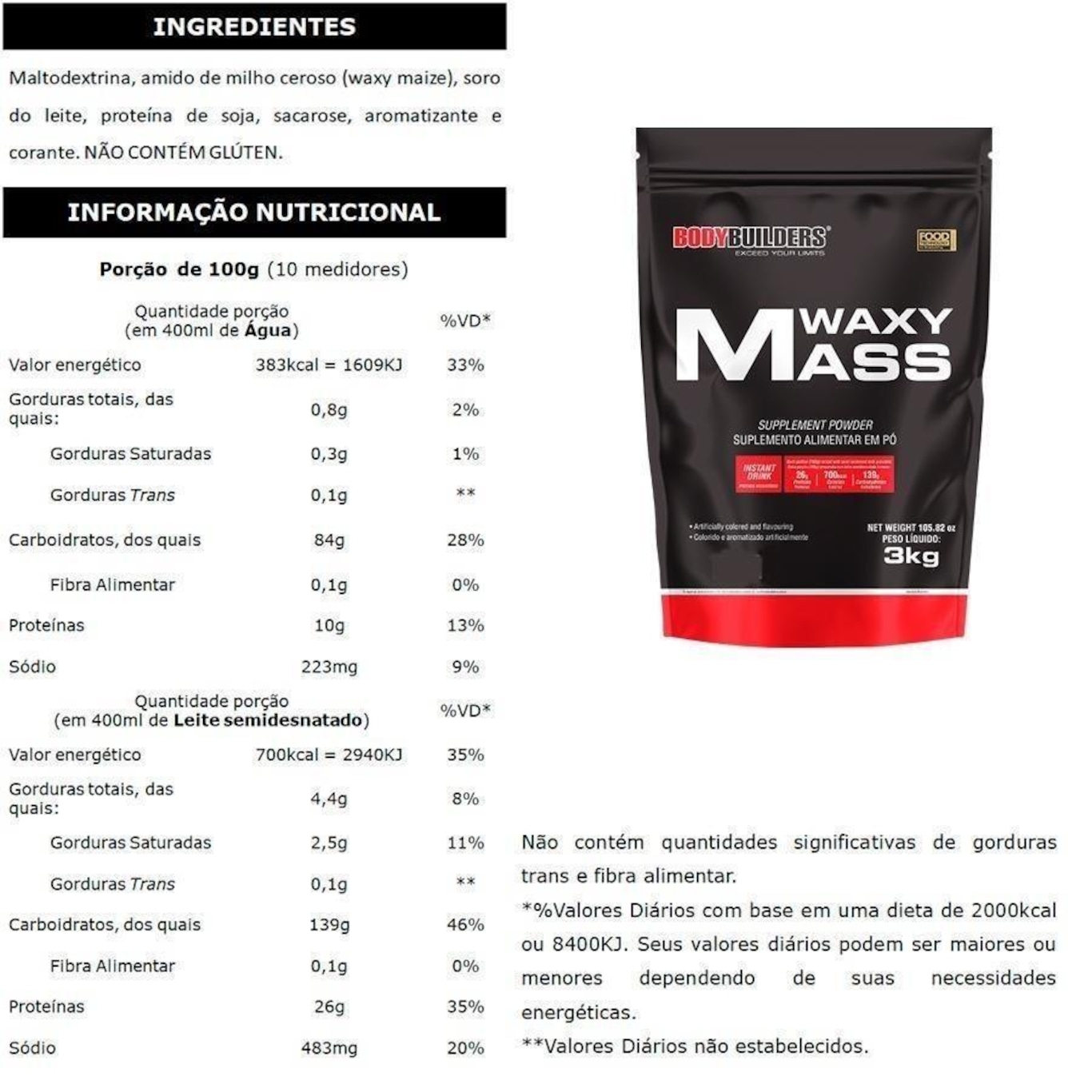 Kit Bodybuilders: Hipercalórico Waxy Mass - Baunilha - 3kg + Whey Protein Chocolate 500g +  BCAA 100g - Foto 2