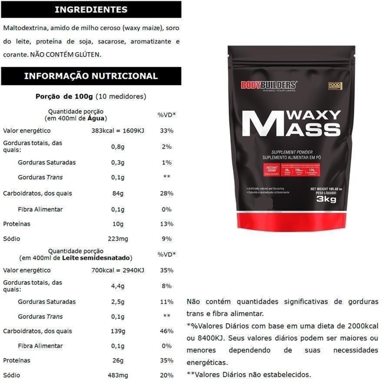 Kit Bodybuilders: Hipercalórico Waxy Mass - Morango - 3kg + Whey Protein Chocolate 500g + BCAA 100g - Foto 2