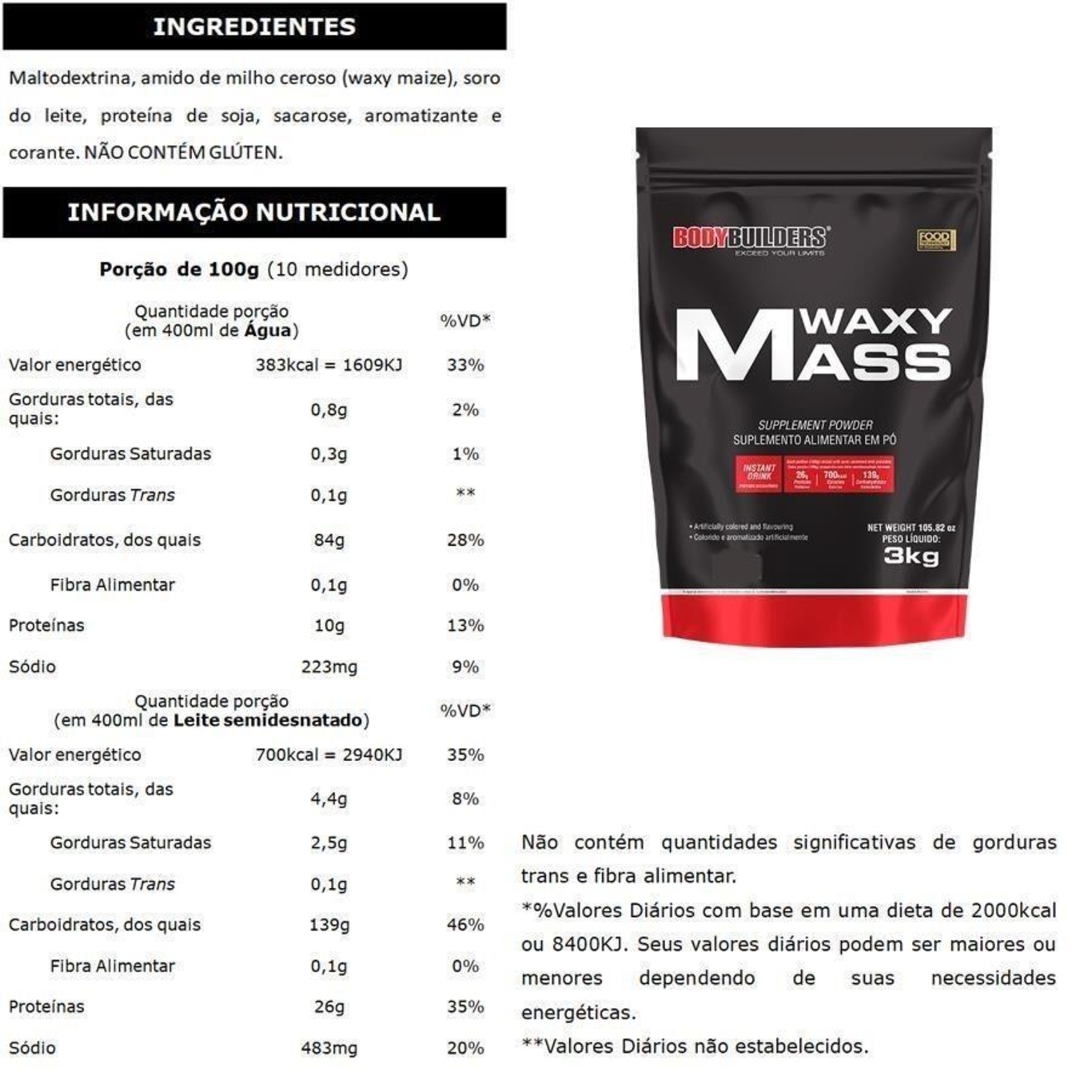 Kit Bodybuilders: Waxy Mass - Chocolate - 3kg - 2 unidades - Foto 2