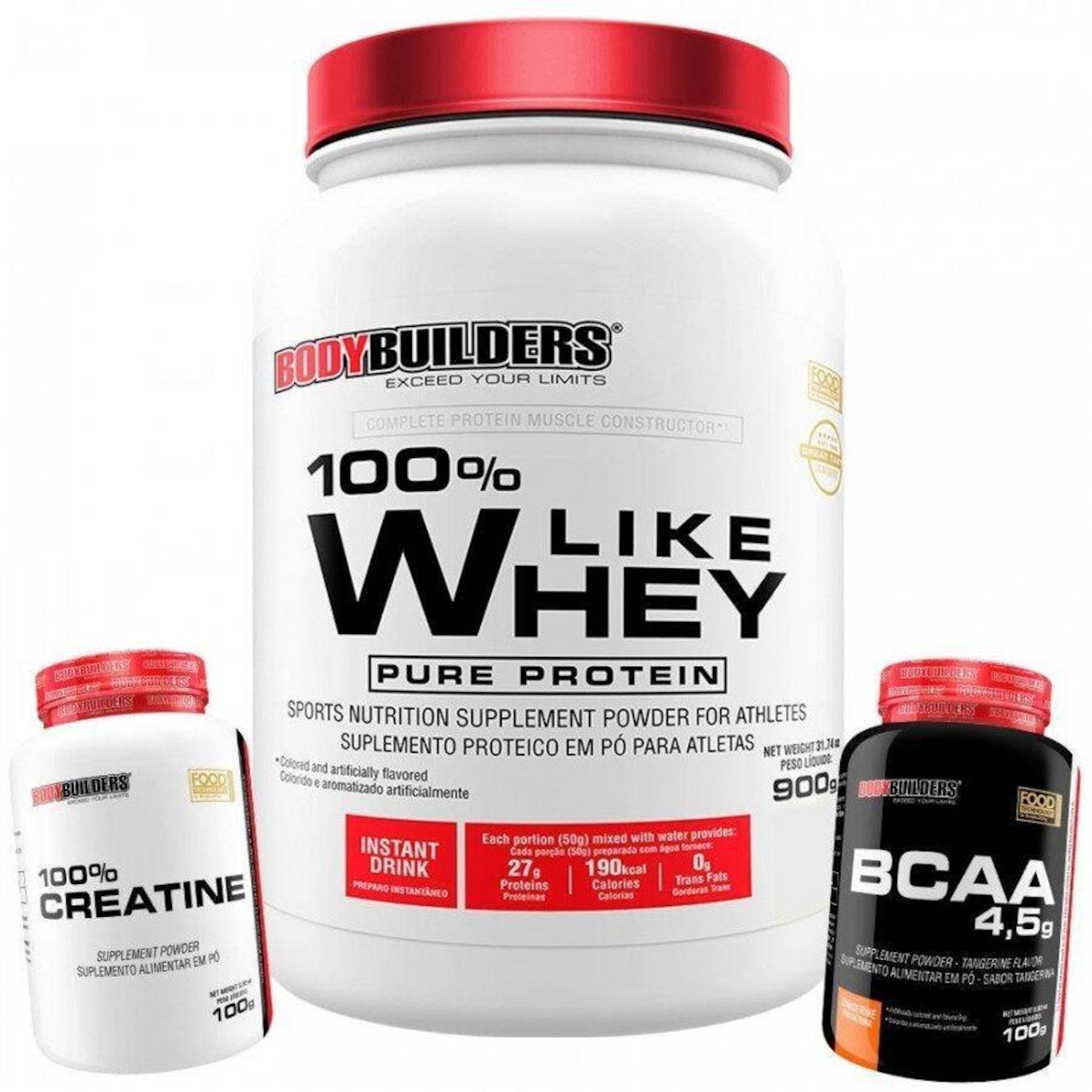 Kit Bodybuilders: 100% Like Whey - Morango - 900g + BCAA - Tangerina - 100g + Creatina - 100g - Foto 1