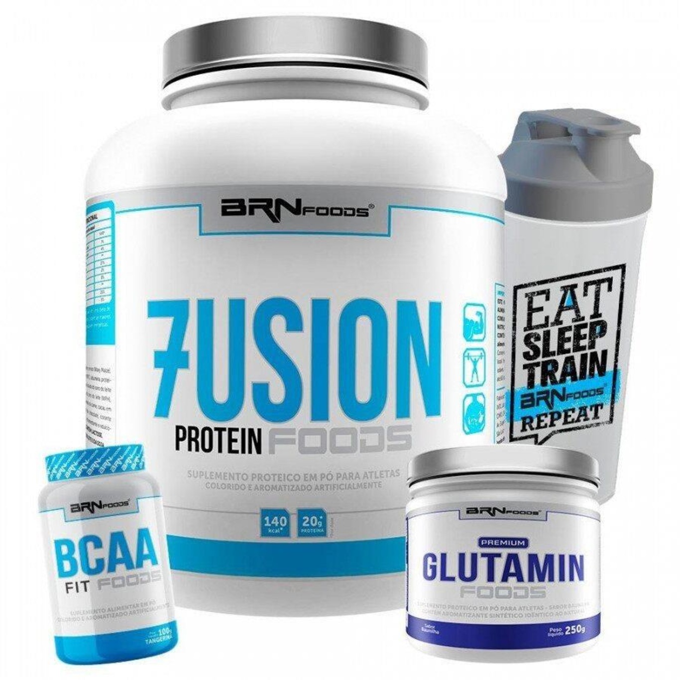 Kit BRN Foods: Fusion - Baunilha - 2kg + BCAA Fit - Tangerina - 100g + Glutamina - Baunilha - 250g + Coqueteleira - Foto 1