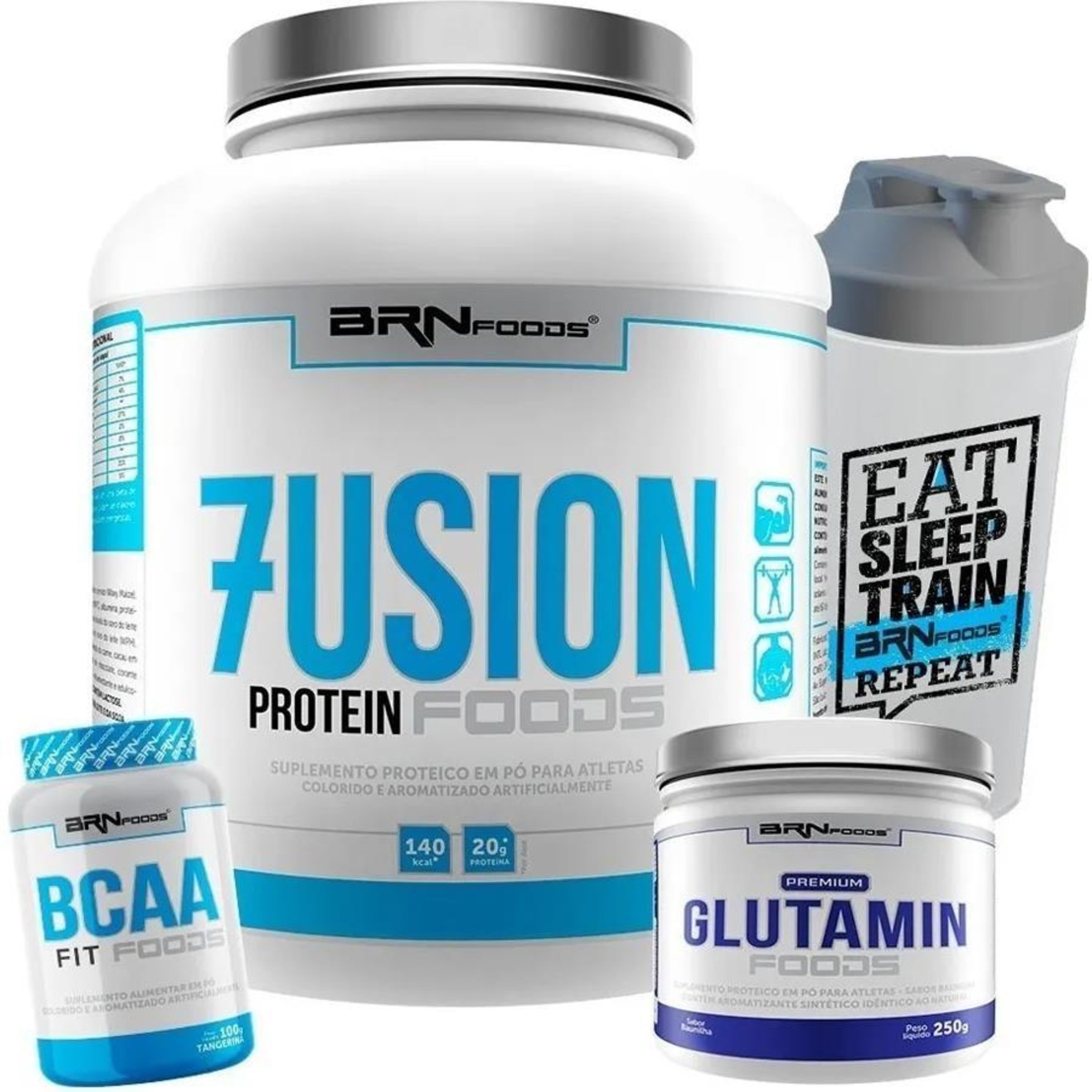 Kit BRN Foods: Fusion - Chocolate - 2kg + BCAA Fit - Tangerina - 100g + Glutamina - Baunilha - 250g + Coqueteleira - Foto 1