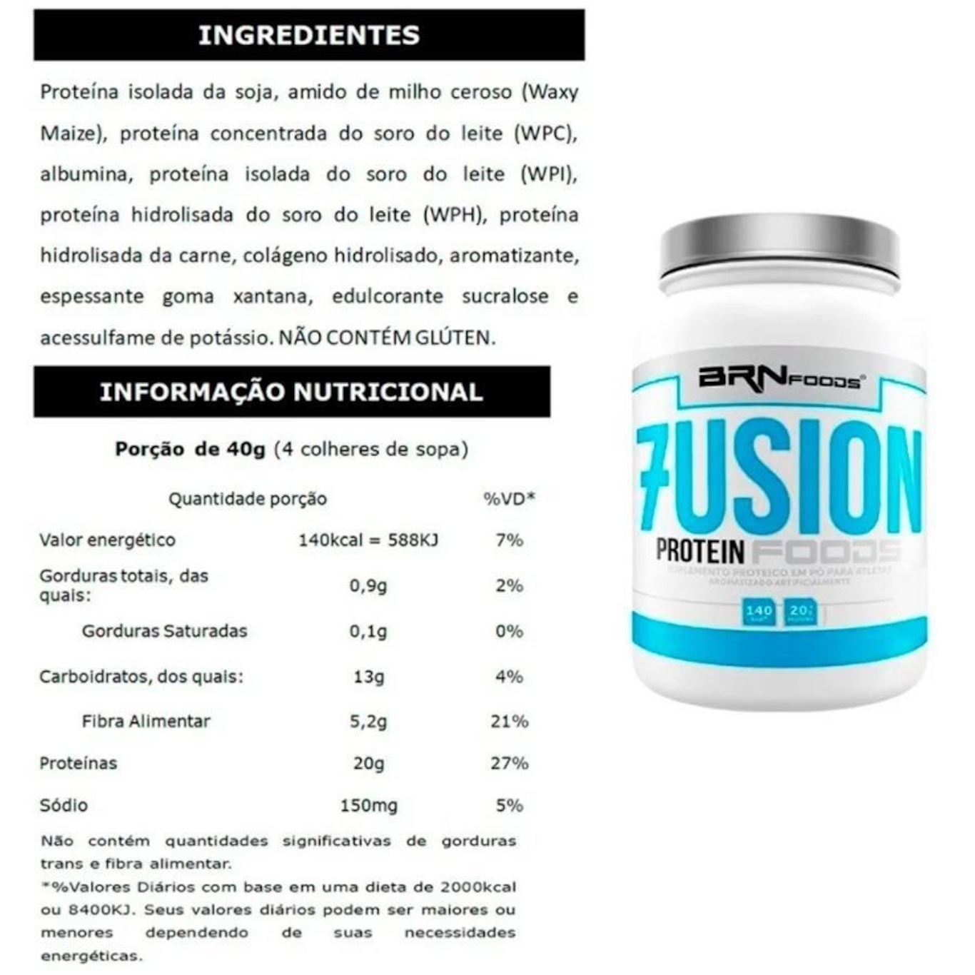 Kit BRN Foods: Fusion - Chocolate - 2kg + BCAA Fit - Tangerina - 100g + Glutamina - Baunilha - 250g + Coqueteleira - Foto 2