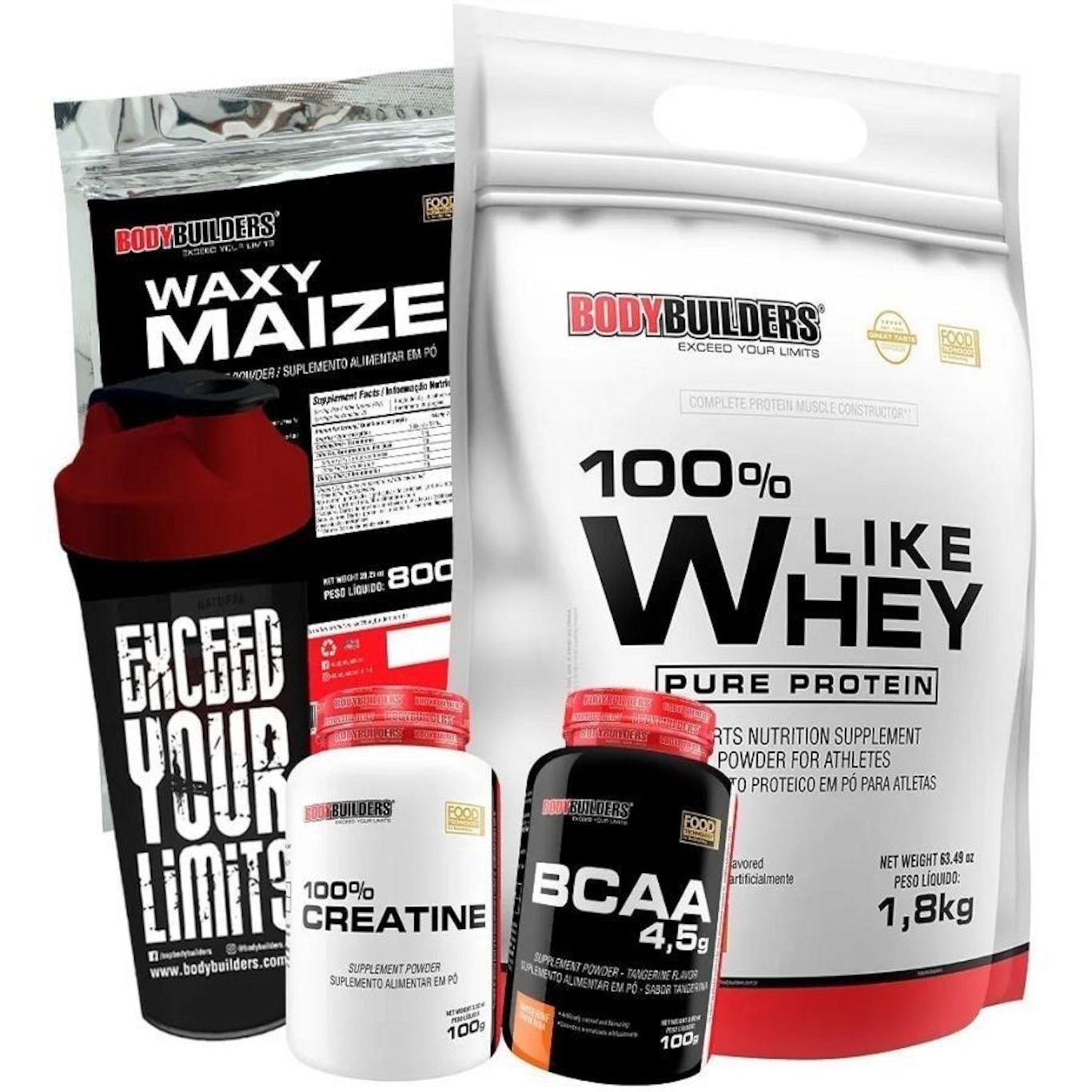 Kit Bodybuilders: 100% Like Whey - Morango - 1,8kg + Waxy Maize - 800g + BCAA - Tangerina - 100g + Creatina - 100g + Coqueteleira - Foto 1