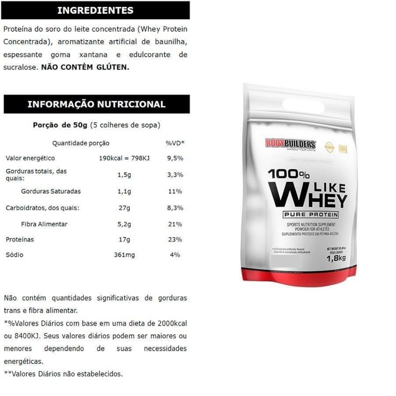 Kit Bodybuilders: 100% Like Whey - Morango - 1,8kg + Waxy Maize - 800g + BCAA - Tangerina - 100g + Creatina - 100g + Coqueteleira - Foto 2