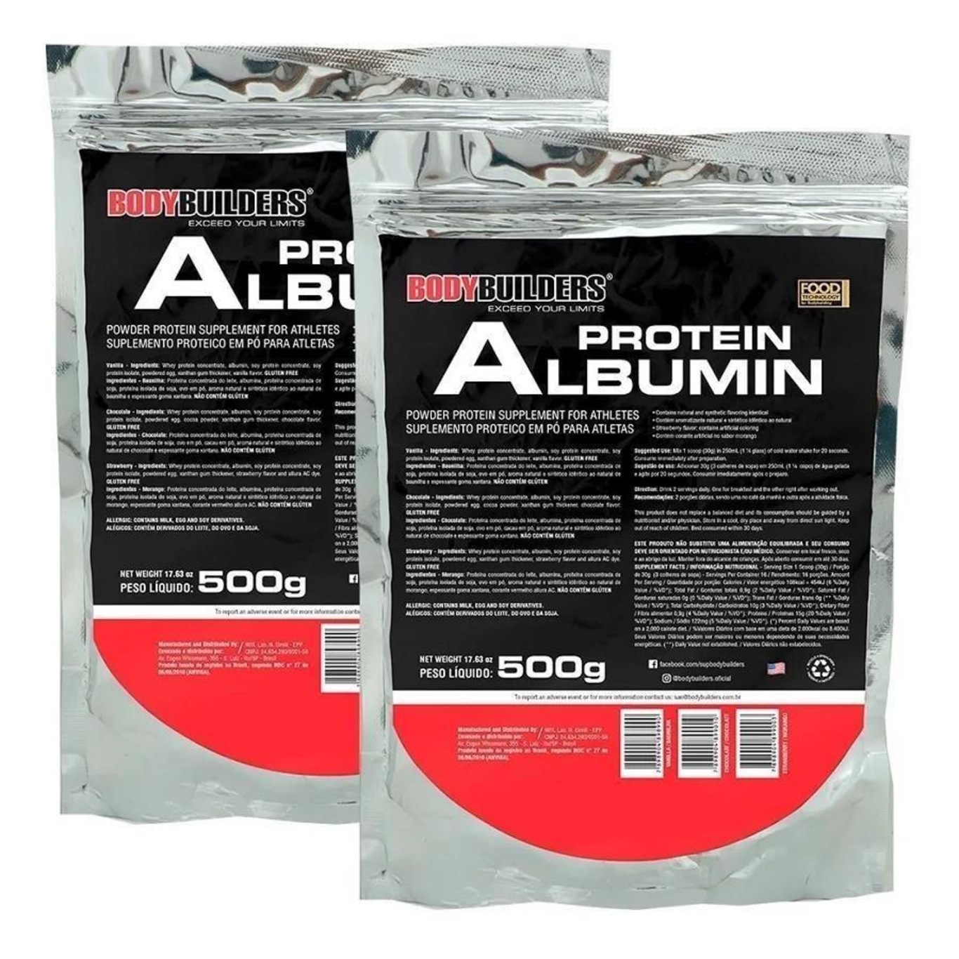 Kit 2x Albumin Protein Bodybuilders - Morango - 500g - Foto 1