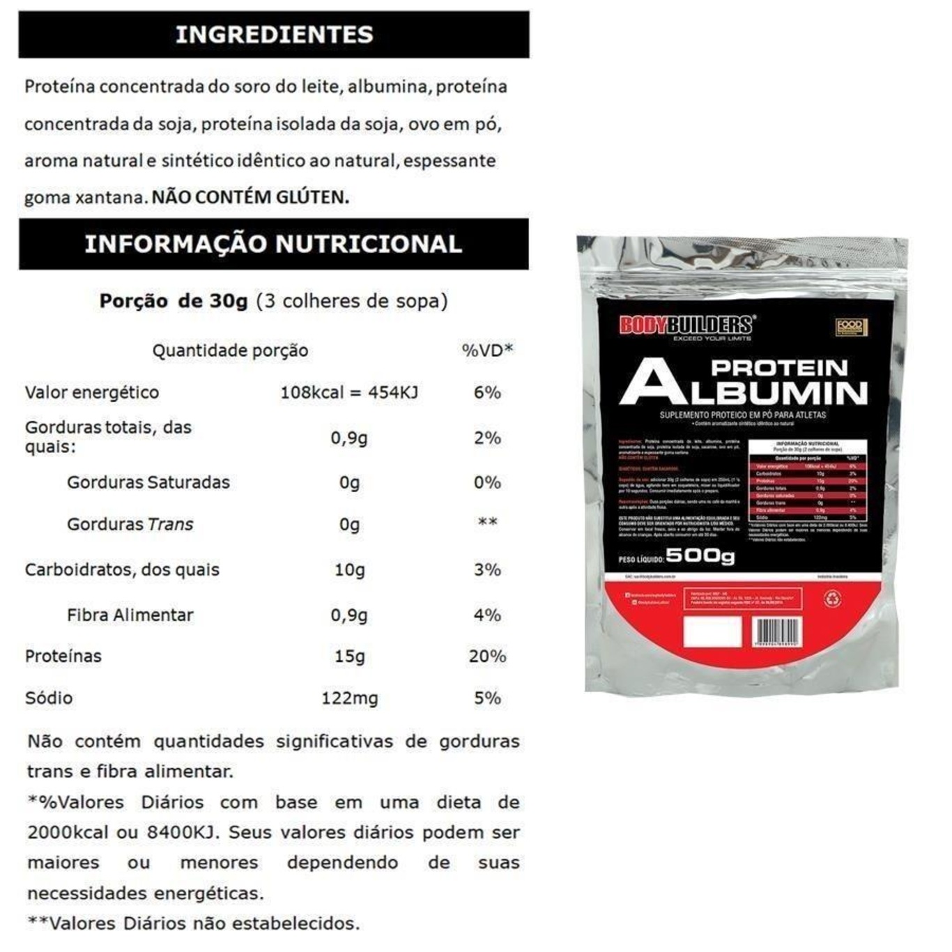 Kit 2x Albumin Protein Bodybuilders - Morango - 500g - Foto 2