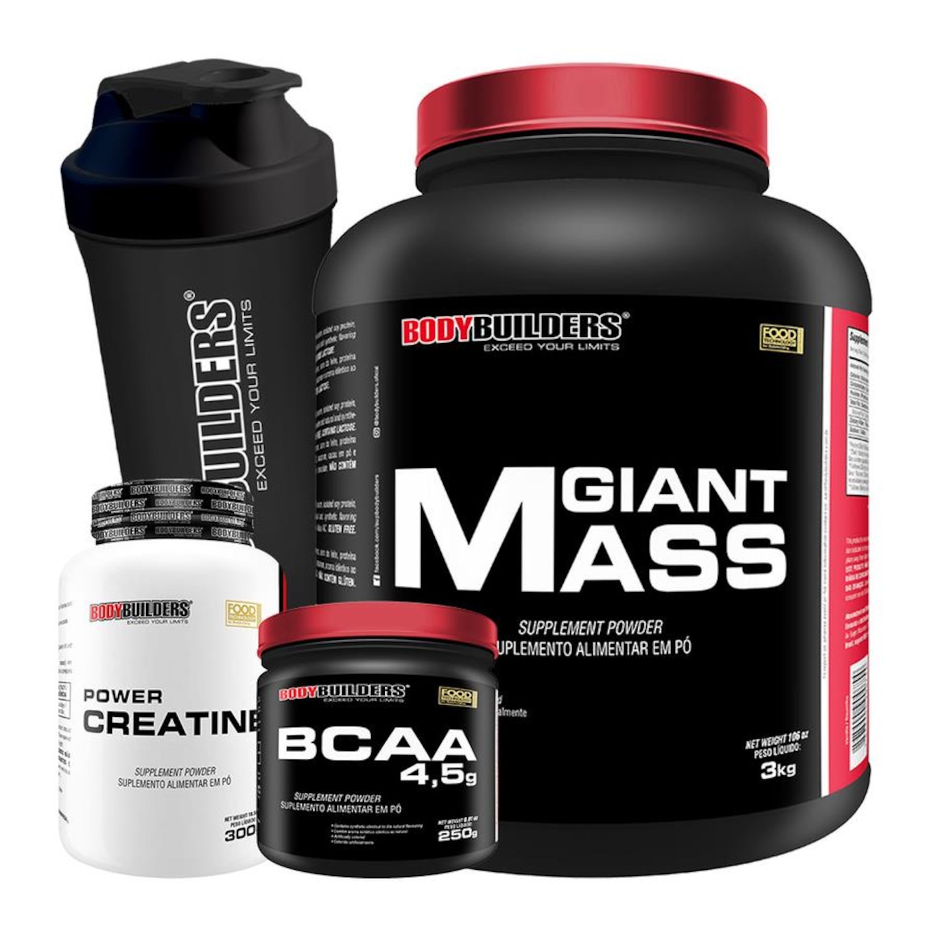 Kit Bodybuilders Hipercalórico Giant Mass Baunilha 3kg + Creatina 300g + BCAA 4.5 250g + Coqueteleira - Foto 1