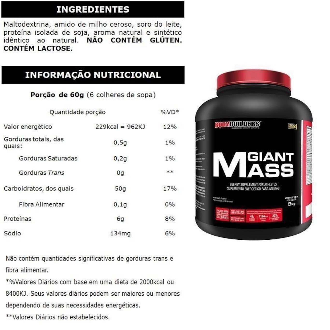 Kit Bodybuilders Hipercalórico Giant Mass Baunilha 3kg + Creatina 300g + BCAA 4.5 250g + Coqueteleira - Foto 2