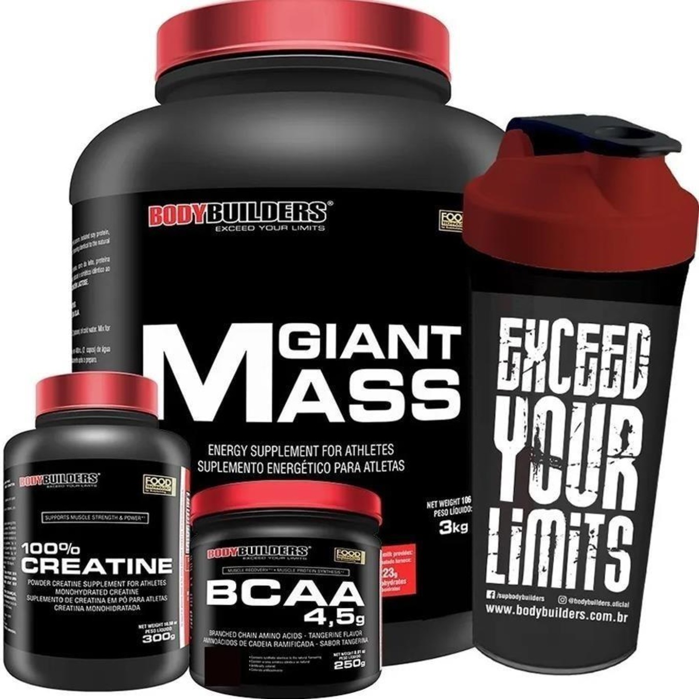 Kit Giant Mass Bodybuilders - Morango - 3kg + Creatina - 300g + BCAA 4.5 Powder - Tang - 250g + Coqueteleira - Foto 1