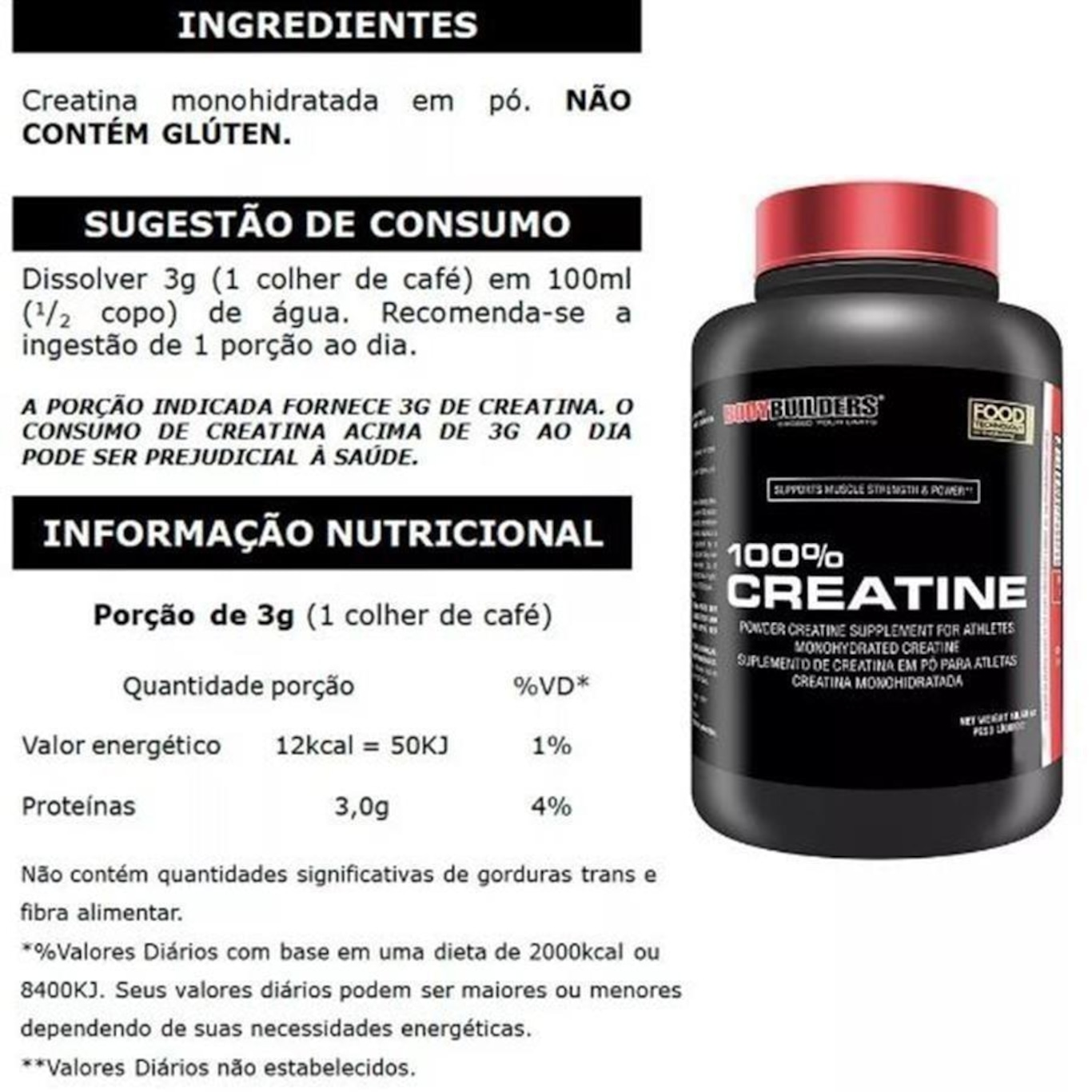 Kit Giant Mass Bodybuilders - Morango - 3kg + Creatina - 300g + BCAA 4.5 Powder - Tang - 250g + Coqueteleira - Foto 4