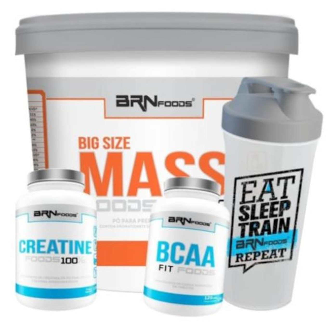 Kit Hipercalórico Big Size Mass BRN Foods - Morango - 6 Kg + BCAA Fit - 120 tab + Creatina - 100g + Coqueteleira - Foto 1