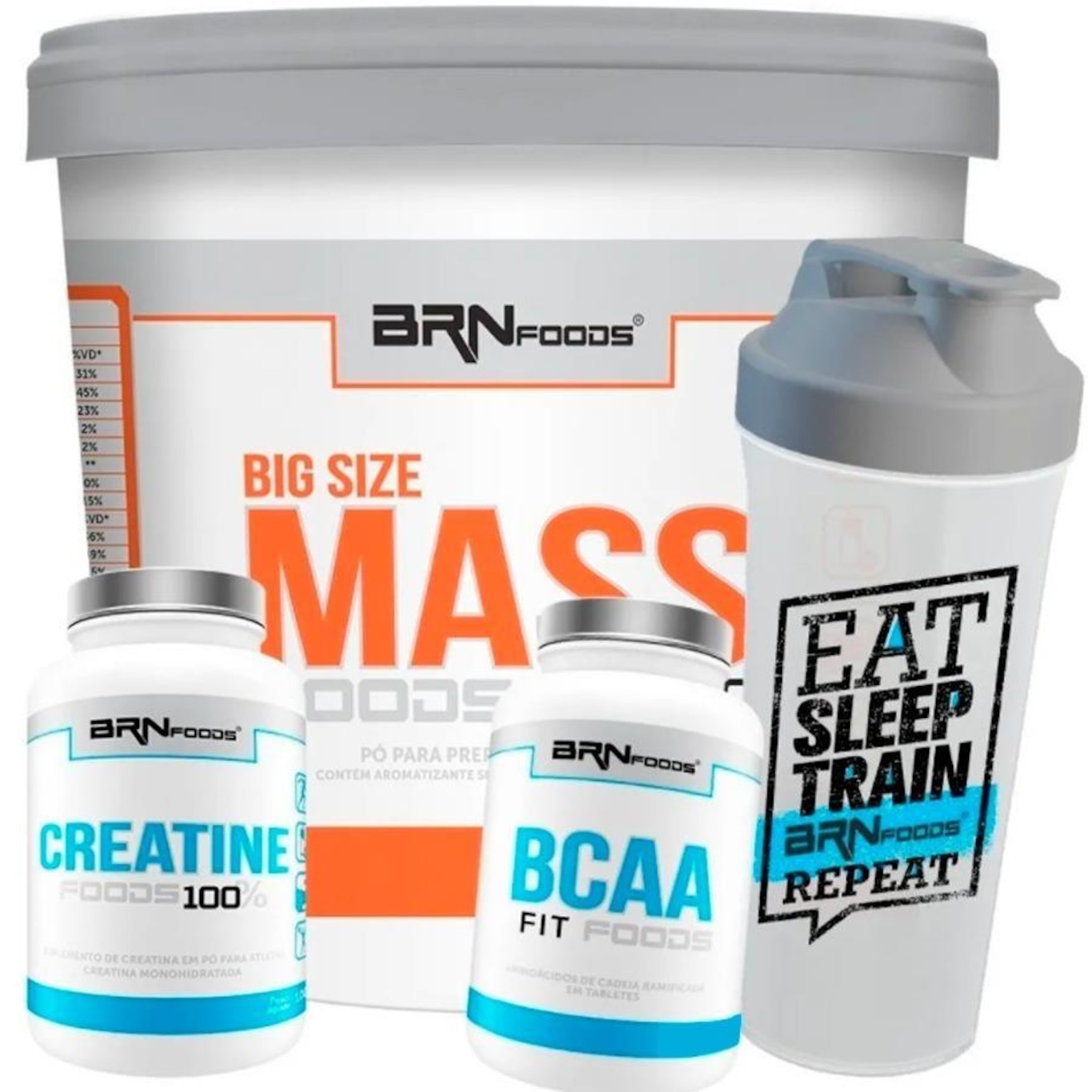 Kit Hipercalórico Big Size Mass BRN Foods - Chocolate 6Kg + BCAA Fit - 120 tab + Creatina - 100g + Coqueteleira - Foto 1