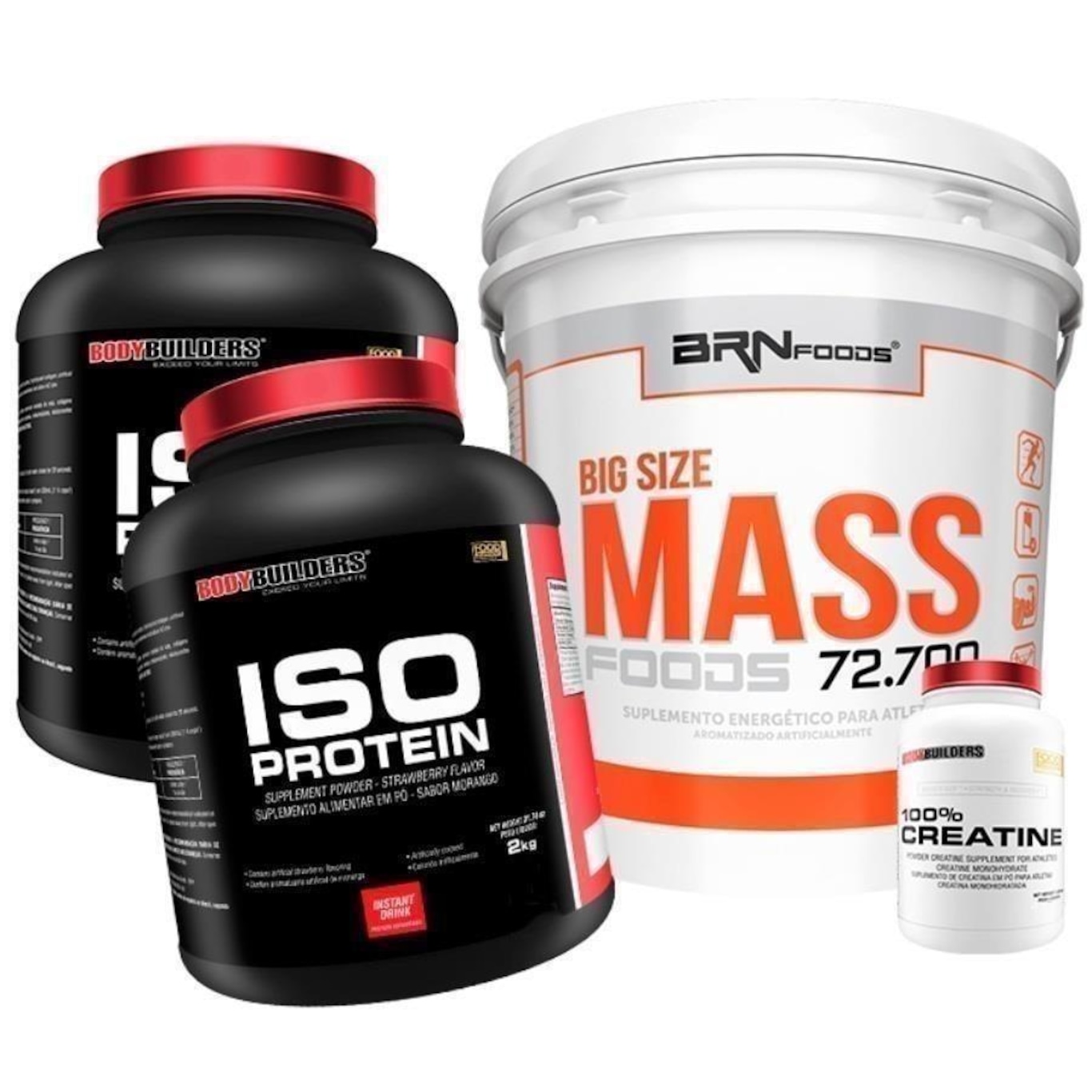 Kit 2x Iso Protein BodyBuilders - Chocolate - 2kg + Creatina - 300g + Big Size Mass Foods BRN Foods - Chocolate - 6Kg - Foto 1