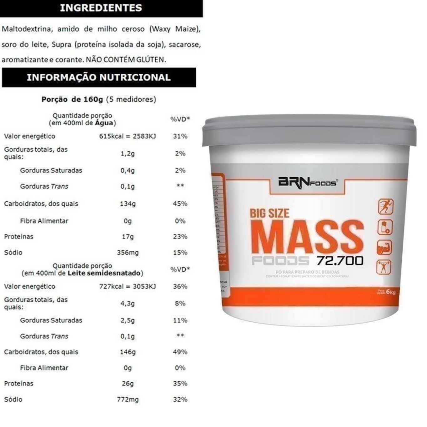 Kit 2x Iso Protein BodyBuilders - Chocolate - 2kg + Creatina - 300g + Big Size Mass Foods BRN Foods - Chocolate - 6Kg - Foto 3