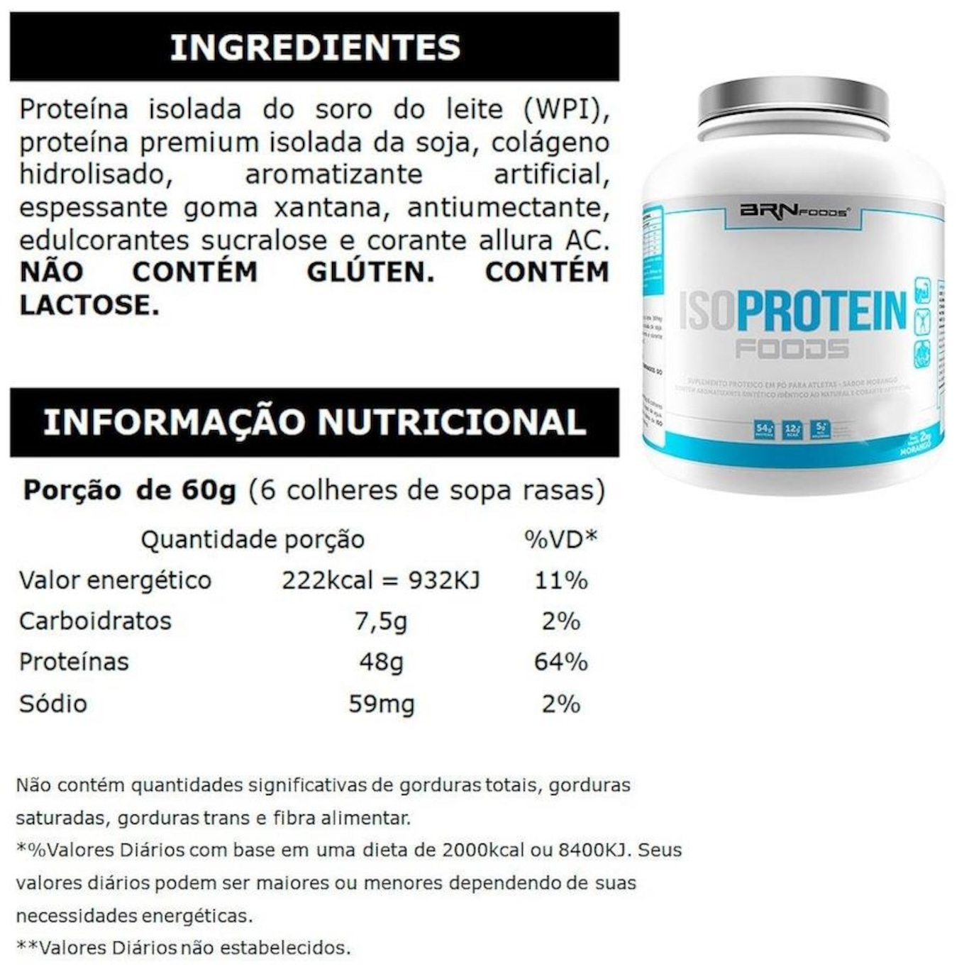 Kit 1x Iso Protein BRN Foods - Baunilha - 2kg + 1x Iso Protein - Morango - 2kg + 1x Iso Protein - Chocolate - 2kg - Foto 2