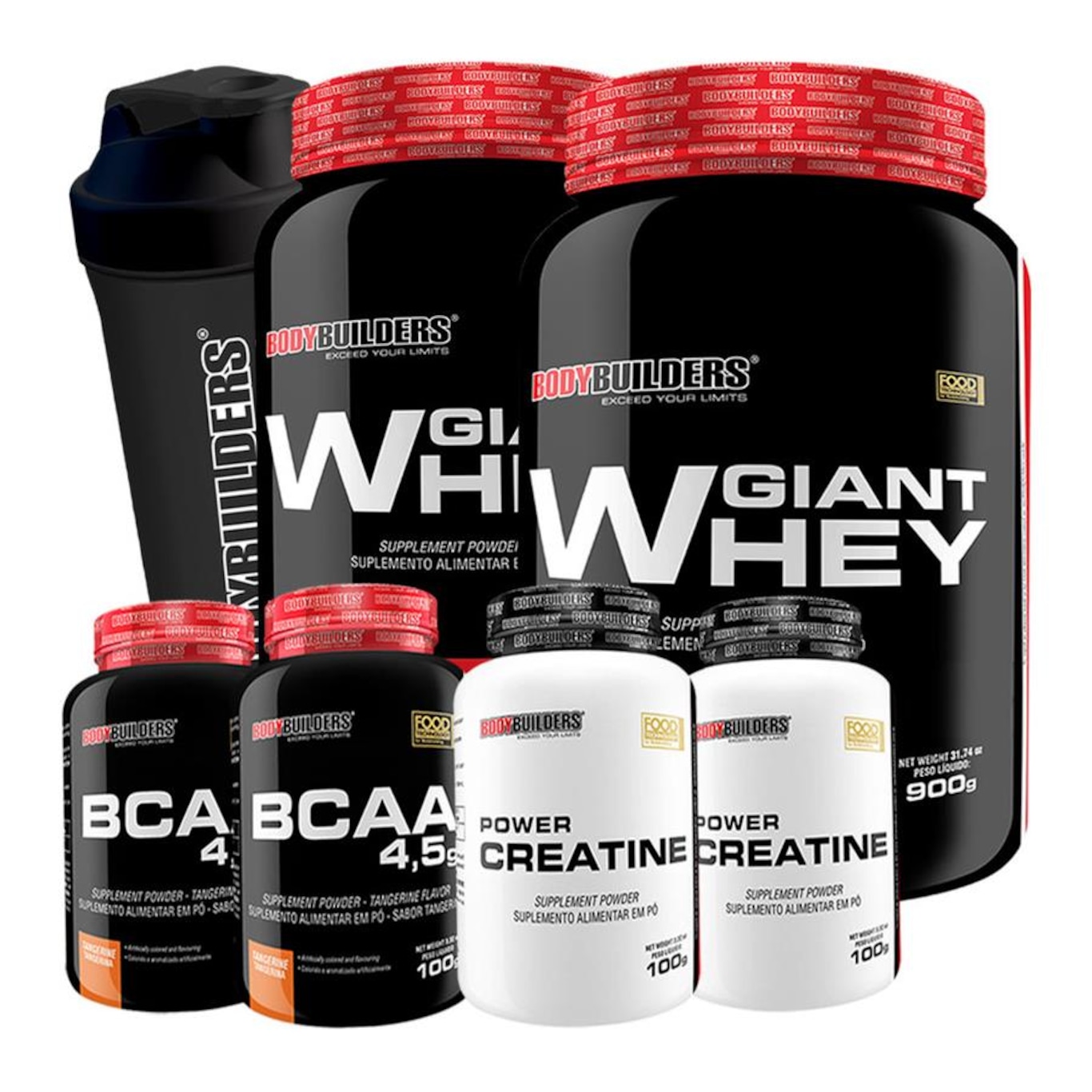 Kit 2x Giant Whey - Choc/Mor - 900g + 2x Creatina - 100g + 2x BCAA - Tang - 100g + Coqueteleira - Foto 1