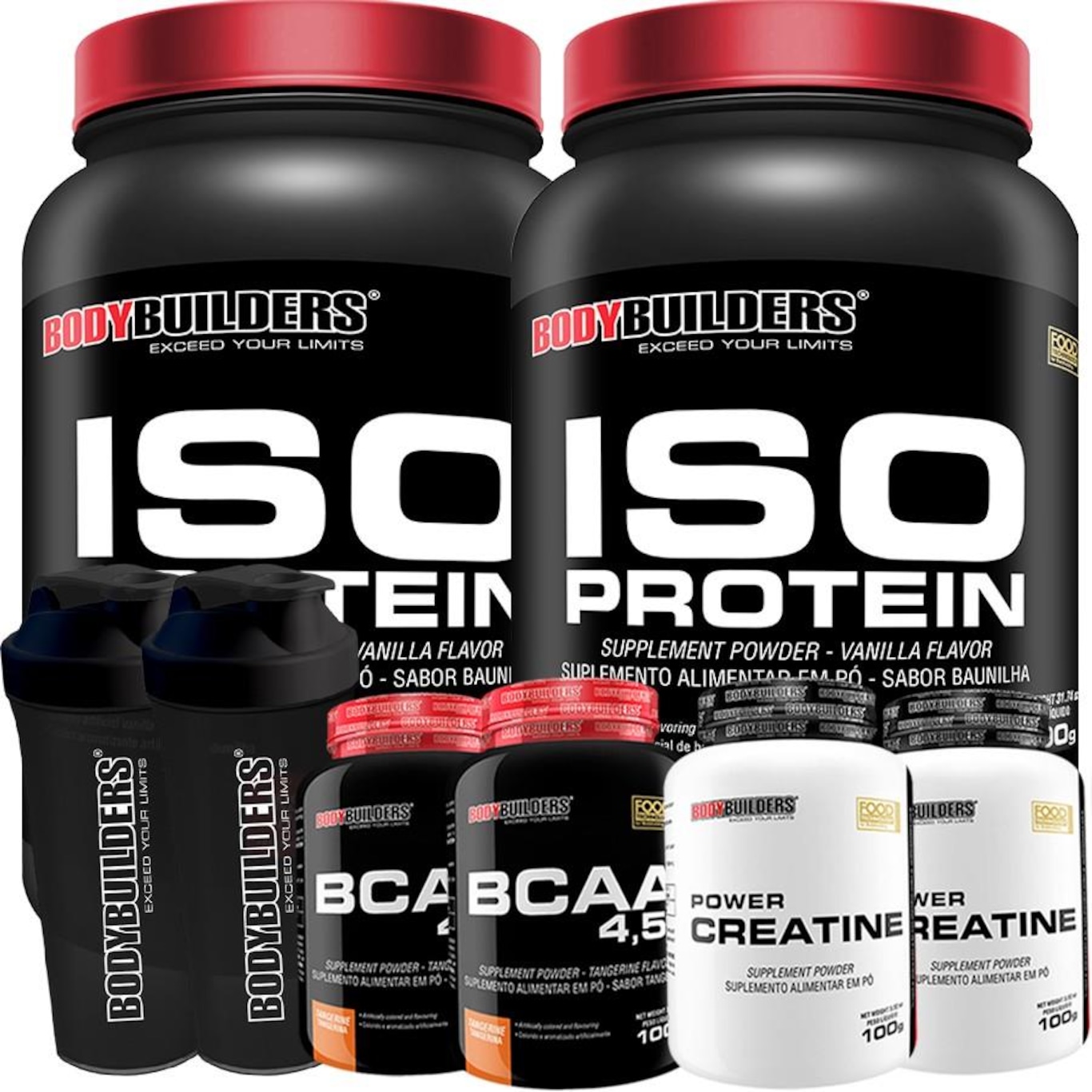 Kit 2x Iso Protein Bodybuilders - Chocolate e Baunilha - 900g + 2x Creatina - 100g + 2x BCAA - Tangerina - 100g + 2x Coqueteleira - Foto 1