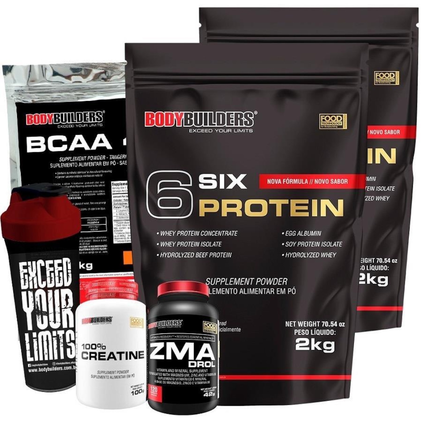 Kit 2x 6 Six Protein Bodybuilders - Baunilha - 2kg + BCAA - 1kg + Creatina + ZMA + Coqueteleira - Foto 1