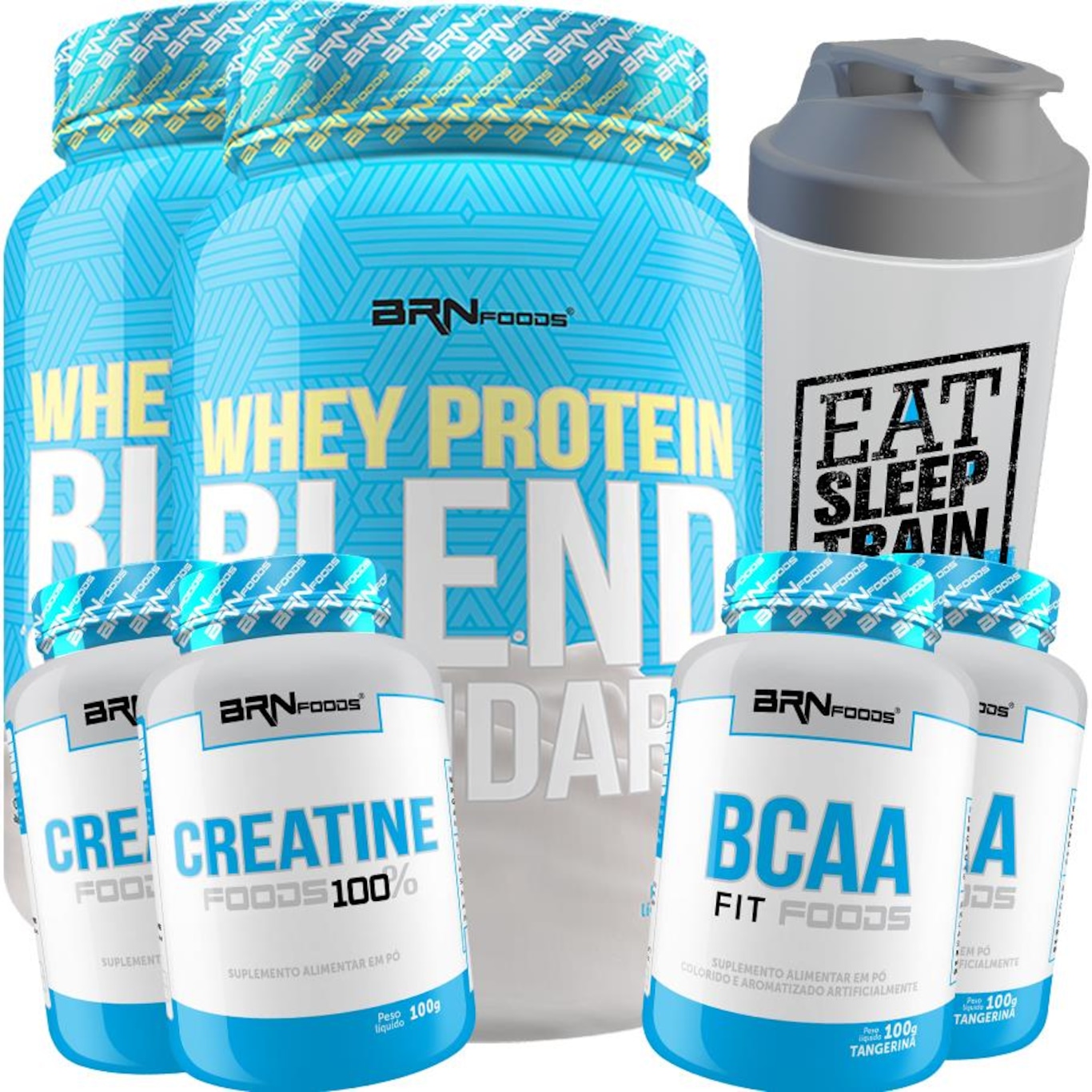 Kit 2x Whey Protein BRN Foods Blend Standard - Morango - 900g + 2x Creatina - 100g + 2x Bcaa + Coqueteleira - Foto 1