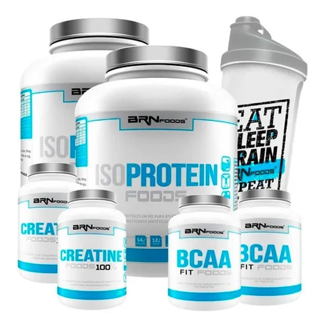 Kit 2x Iso Protein BRN Foods - Baunilha - 2kg + 2x BCAA - 100g + 2x Creatina - 100g + Coqueteleira - Foto 1