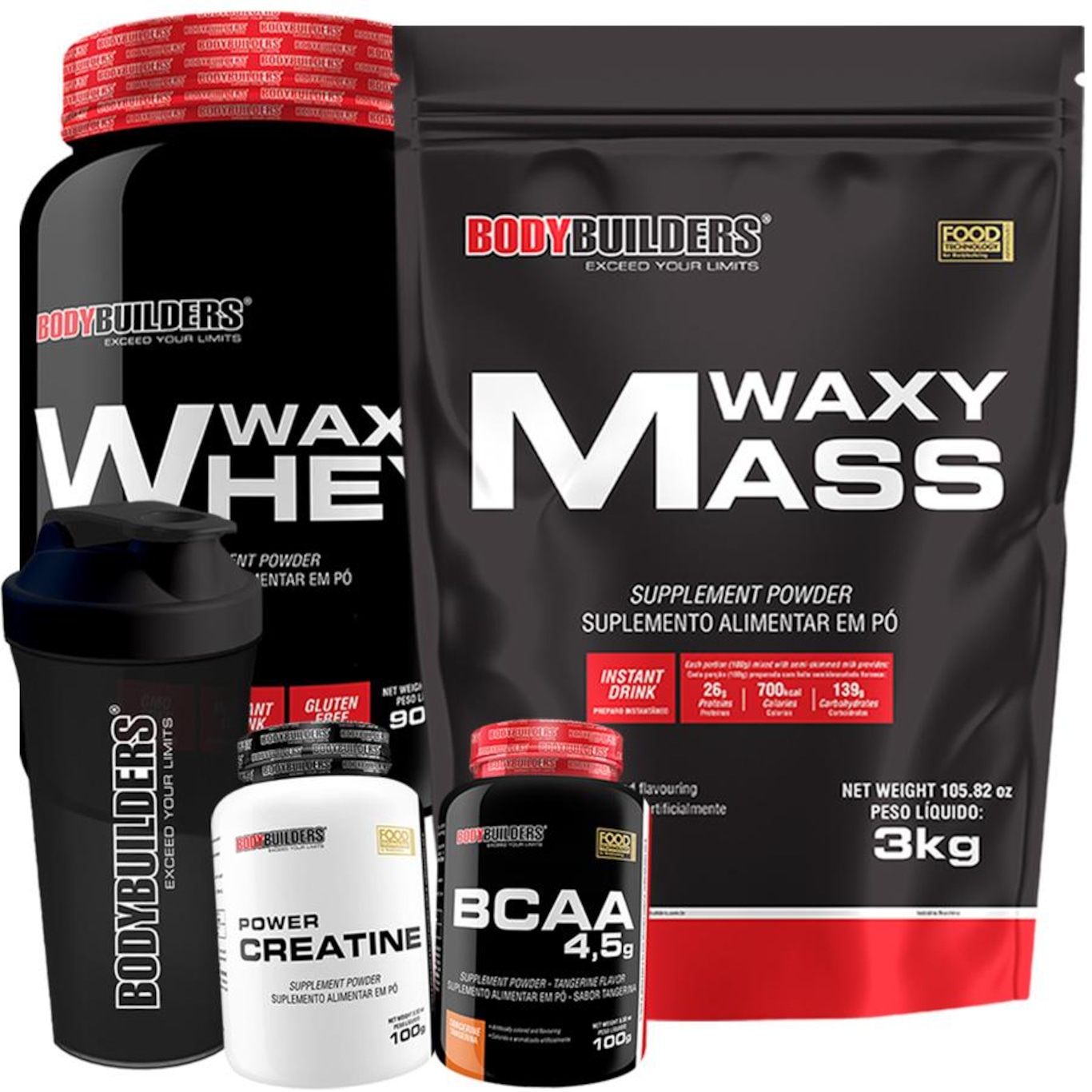 Kit Waxy Mass Bodybuilders - Chocolate - 3kg + Whey Protein - Chocolate - 900g + Creatina + BCAA + Coqueteleira - Foto 1