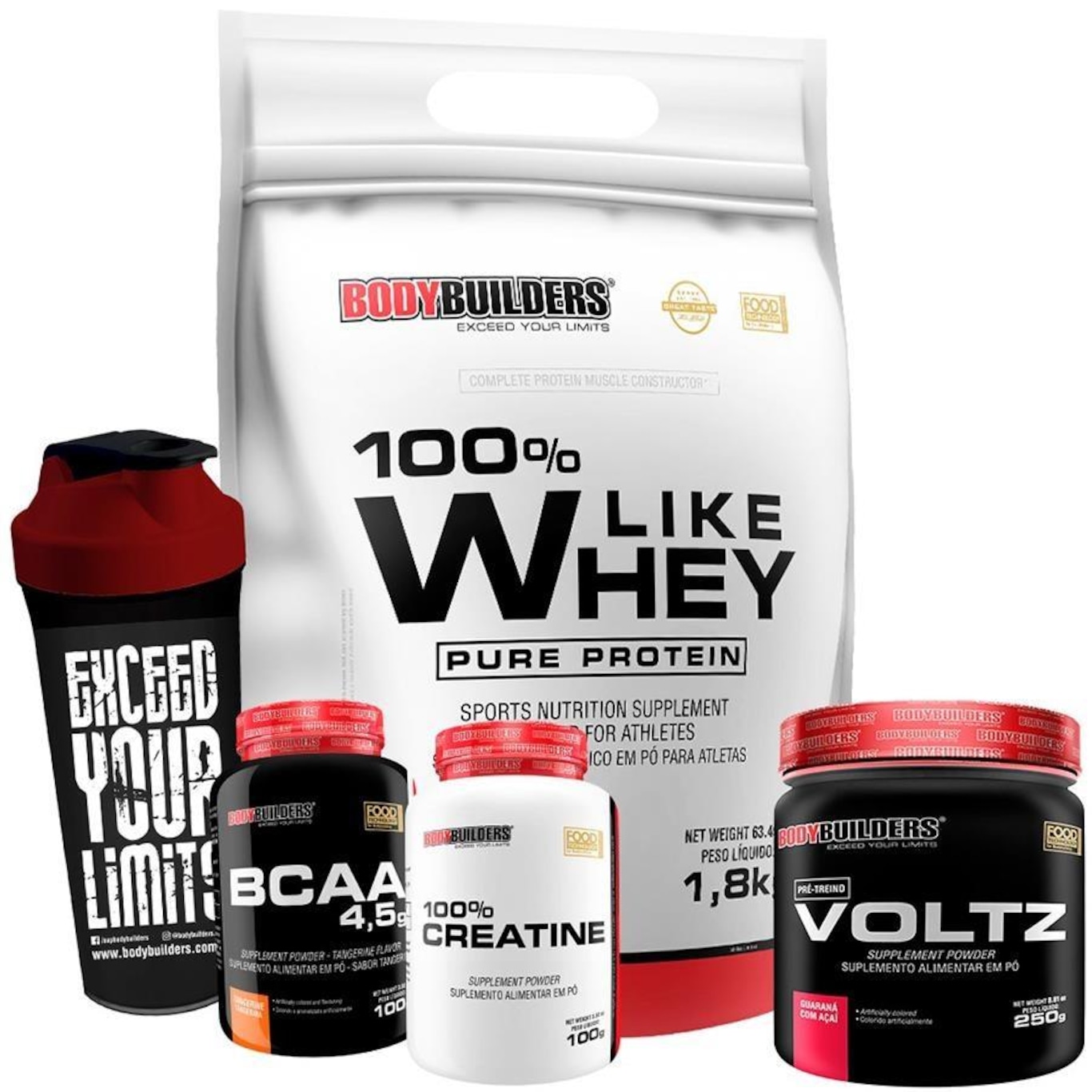 Kit Like Bodybuilders - Chocolate - 1,8kg + Voltz + BCAA - 100g + Creatina - 100g + Coqueteleira - Foto 1