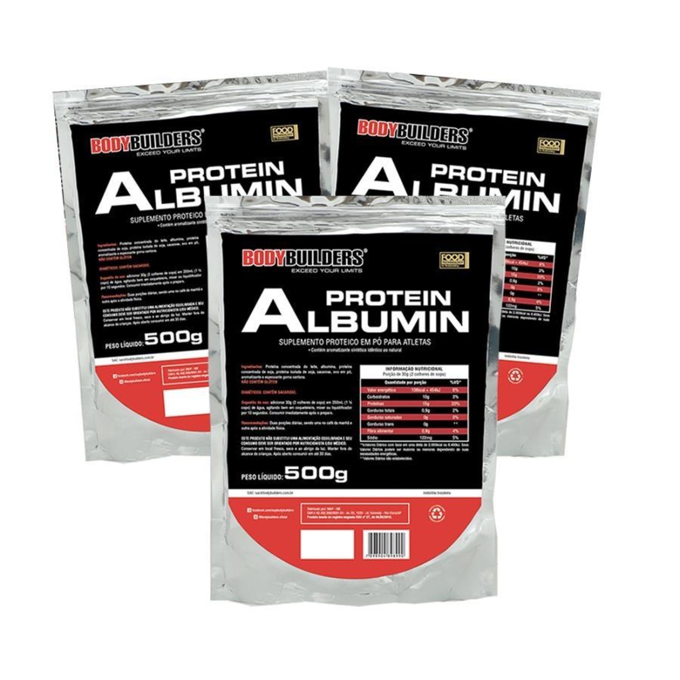 Kit Albumin Protein Bodybuilders - Morango - 500g - 3 unidades - Foto 1