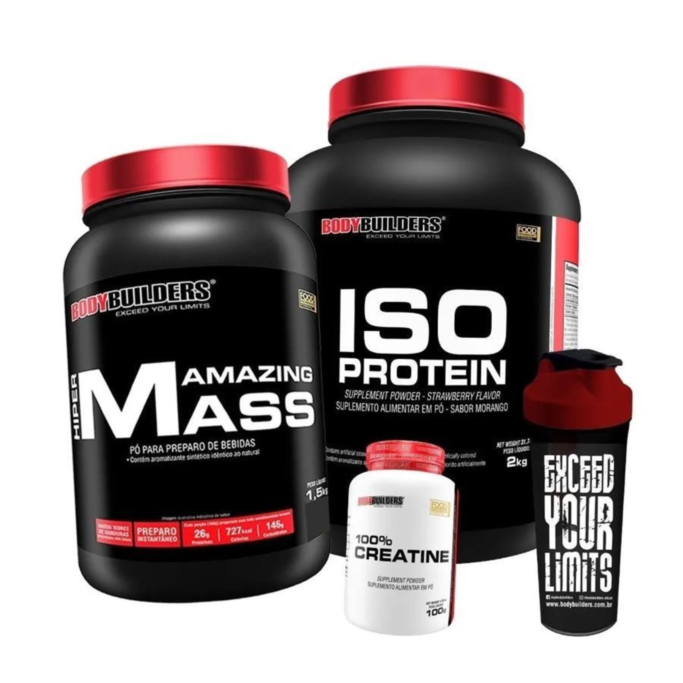 Kit Iso Protein Bodybuilders -  Morango  - 2kg + Amazing Mass - Morango 1,5kg + Creatina - 100g + Coqueteleira - Foto 1