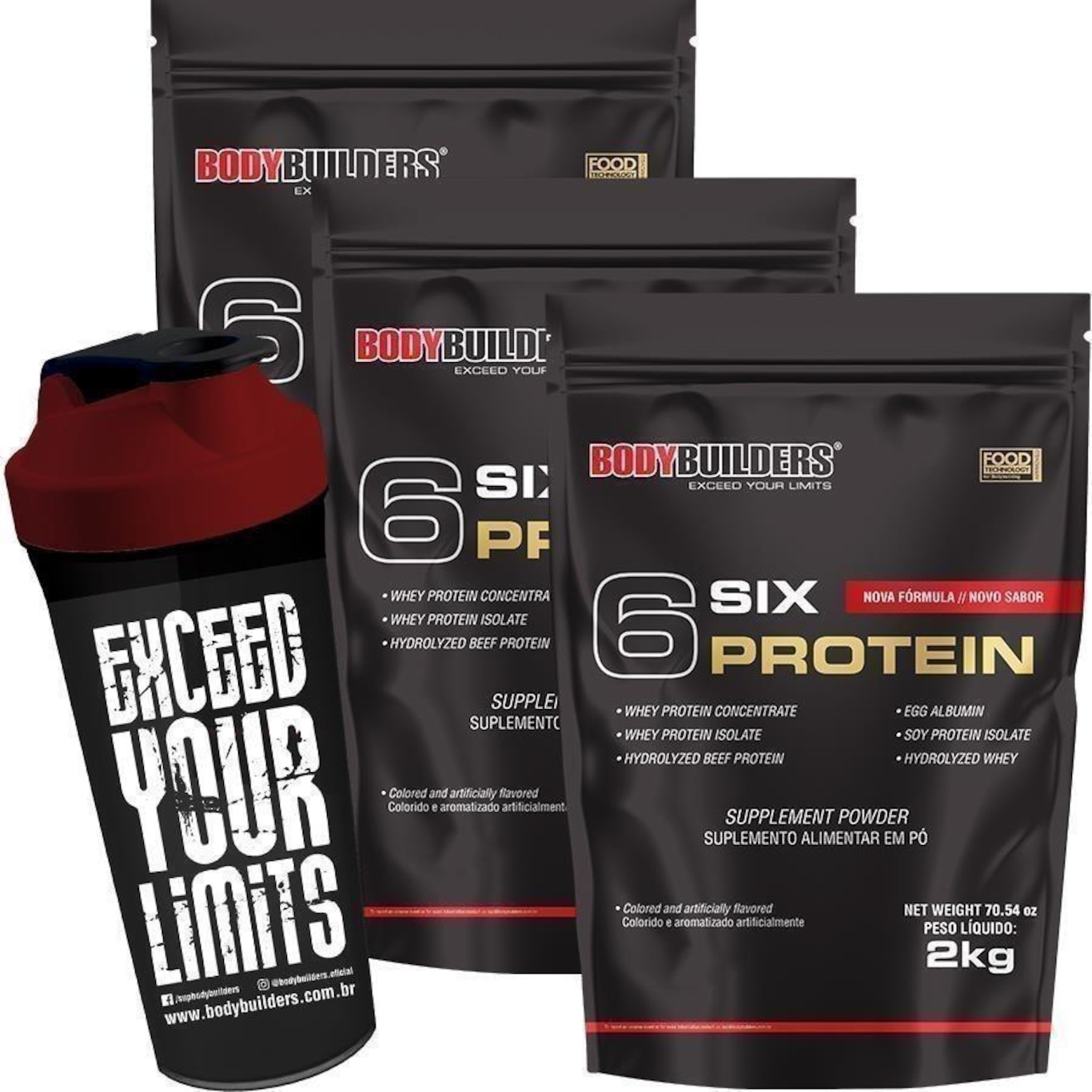 Kit Six Protein Bodybuilders - Morango - 2Kg - 3 unidades + Coqueteleira - Foto 1