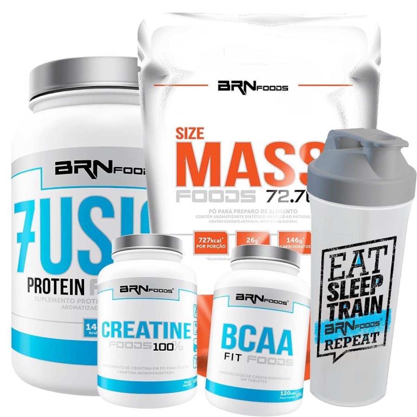 Kit Fusion BRN Foods - Chocolate - 900g + Size Mass - Chocolate - 3kg + BCAA Fit - Tangerina - 100g + Creatina - 100g + Coqueteleira - Foto 1