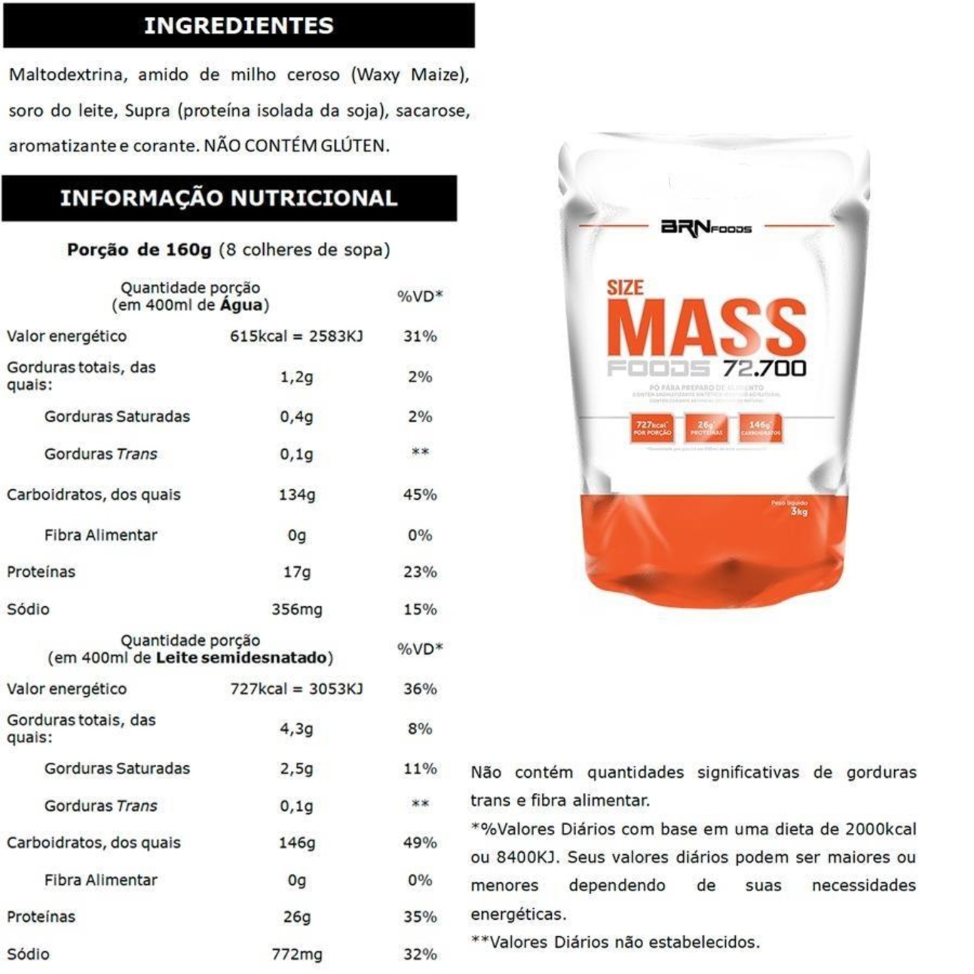 Kit Fusion BRN Foods - Morango - 900g + Size Mass - Morango - 3kg + BCAA Fit - Tangerina - 100g + Creatina - 100g + Coqueteleira - Foto 3