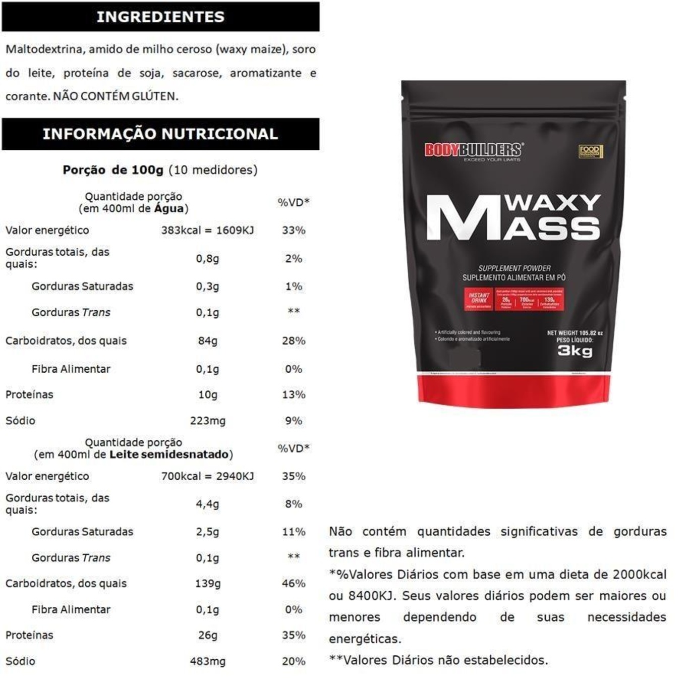 Kit Waxy Mass Bodybuilders - Baunilha - 3kg + Six Pote - Baunilha - 900g + ZMA + BCAA - 100g + Coqueteleira - Foto 2