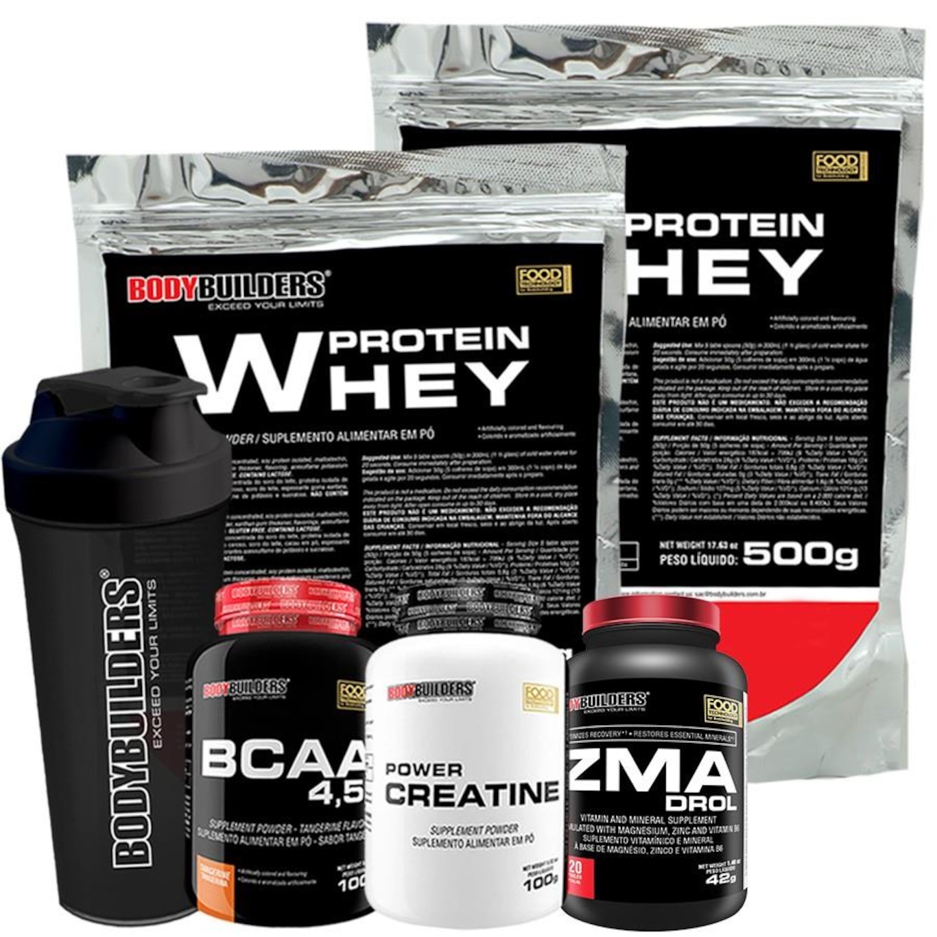 Kit  Bodybuilders 2x Whey Protein Morango - 500g + Creatina 100g + BCAA 100g + ZMA + Coqueteleira - Foto 1