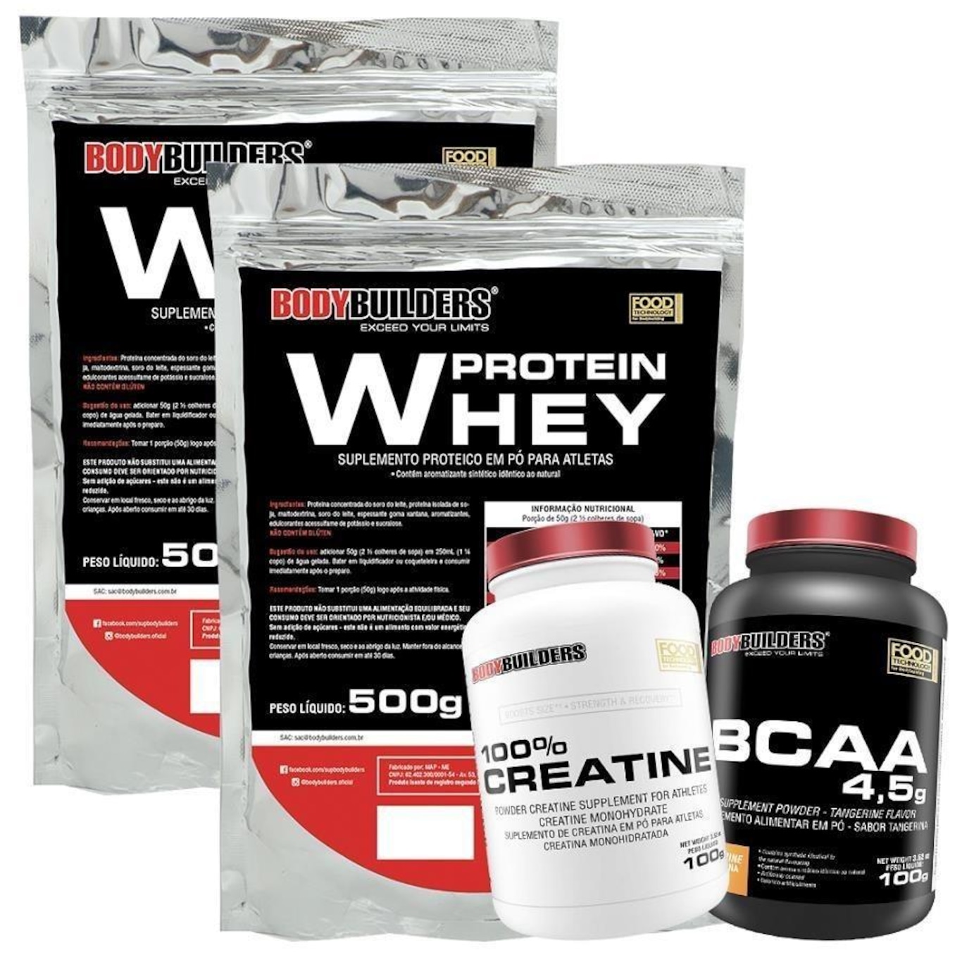 Kit Bodybuilders 2x Whey Protein Morango 500g + BCAA 100g  + Creatina 100g - Foto 1