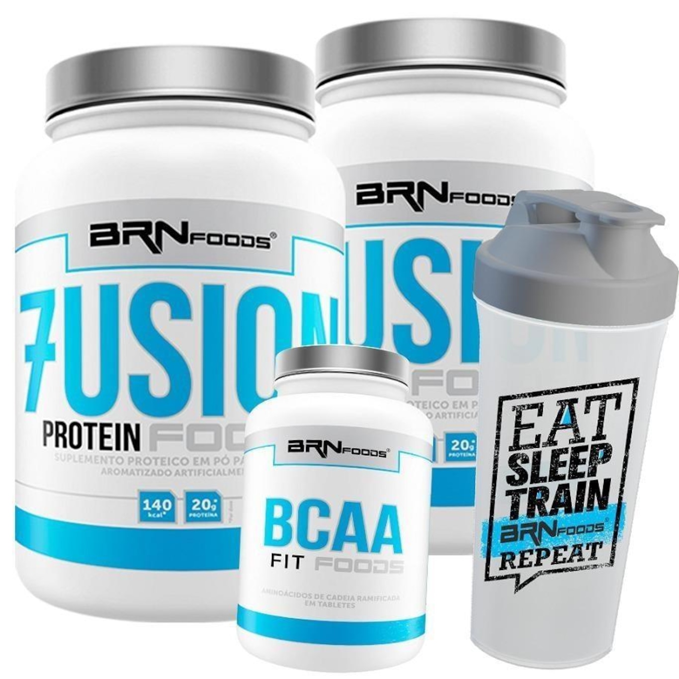 Kit BRN Foods 2x Whey Protein Fusion Morango 900g + BCAA 100g + Coqueteleira - Foto 1