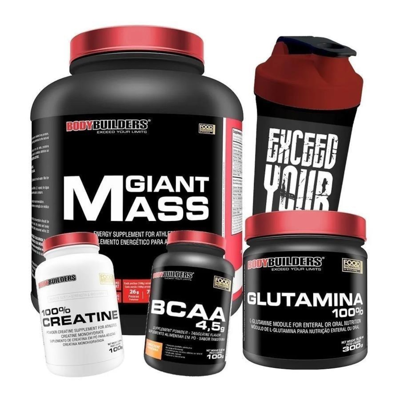 Kit Hipercalórico Bodybuilders Morango -3kg + Glutamina 300g + BCAA 100g + Creatina 100g + Coqueteleira - Foto 1