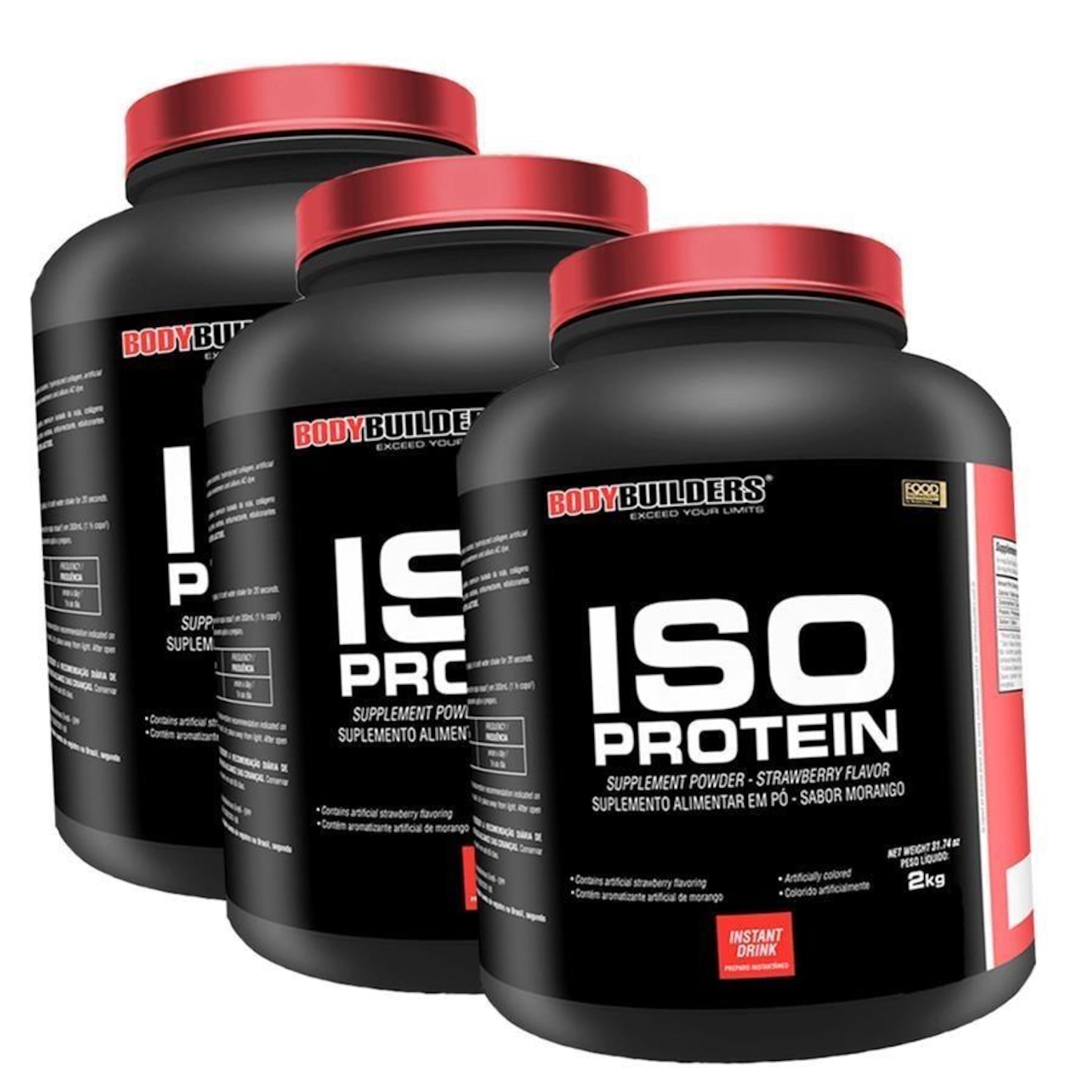 Kit 2x Whey Protein Isolado Bodybuilders Morango - 2kg + 1x Whey Protein Isolado Chocolate - 2kg - Foto 1