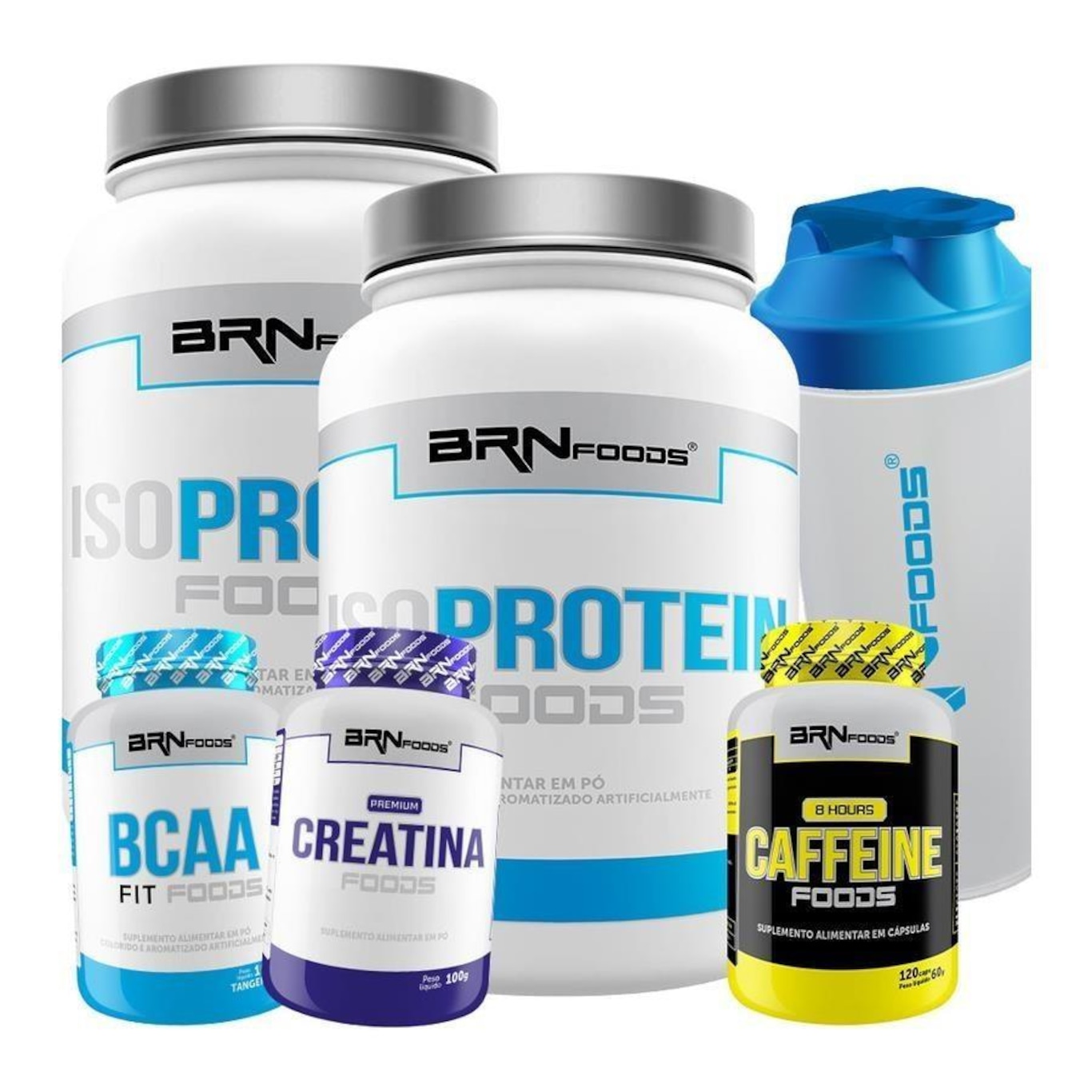 Kit BRN Foods: 2 Iso Protein Mor 900g + 1 Bcaa Fit - 100g Tang + 1 Creatina 100g + 8 Hours - 120caps + 1 Coquetel - Foto 1