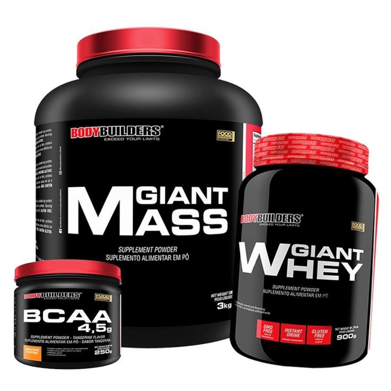 Kit Giant Mass Mor 3kg + Giant Whey Mor 900g + BCAA 4.5 Tang 250g - Bodybuilders - Foto 1