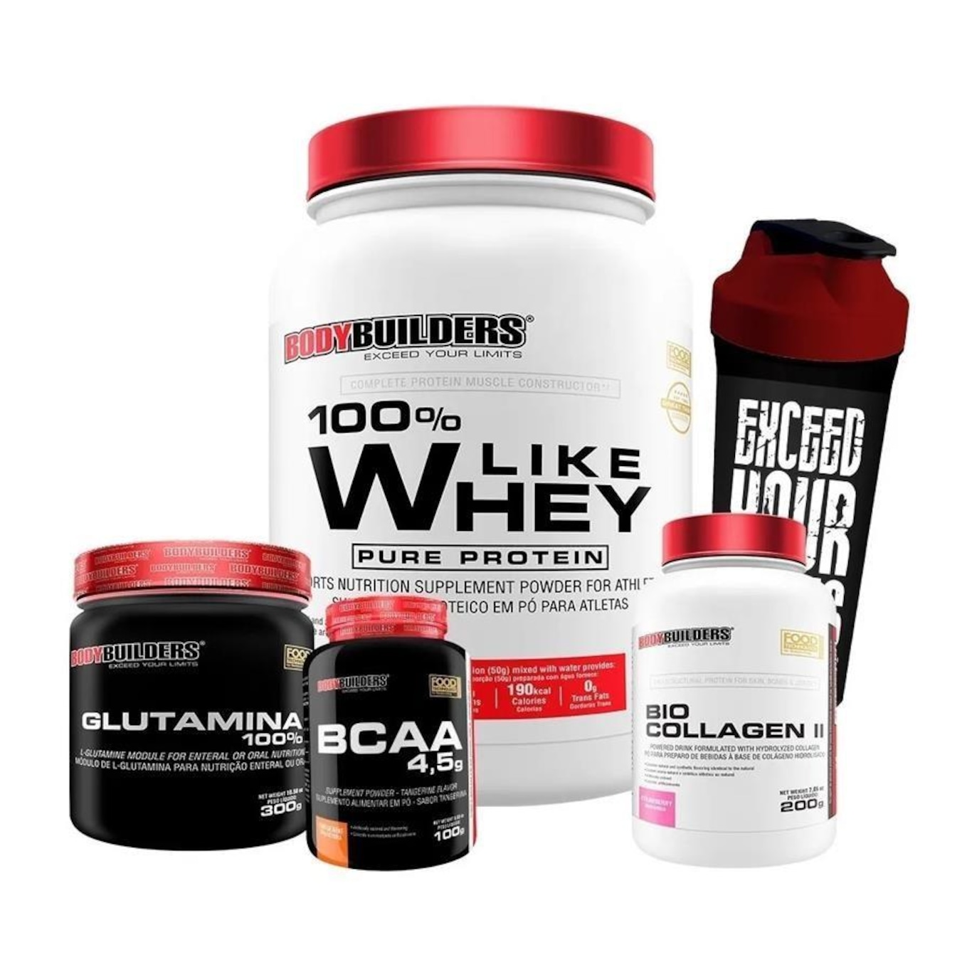 Kit Like Whey Morango 900g + BCAA tang 100g + Bio Colageno 200g + L-Glutamina 300g + Coqueteleira - - Foto 1