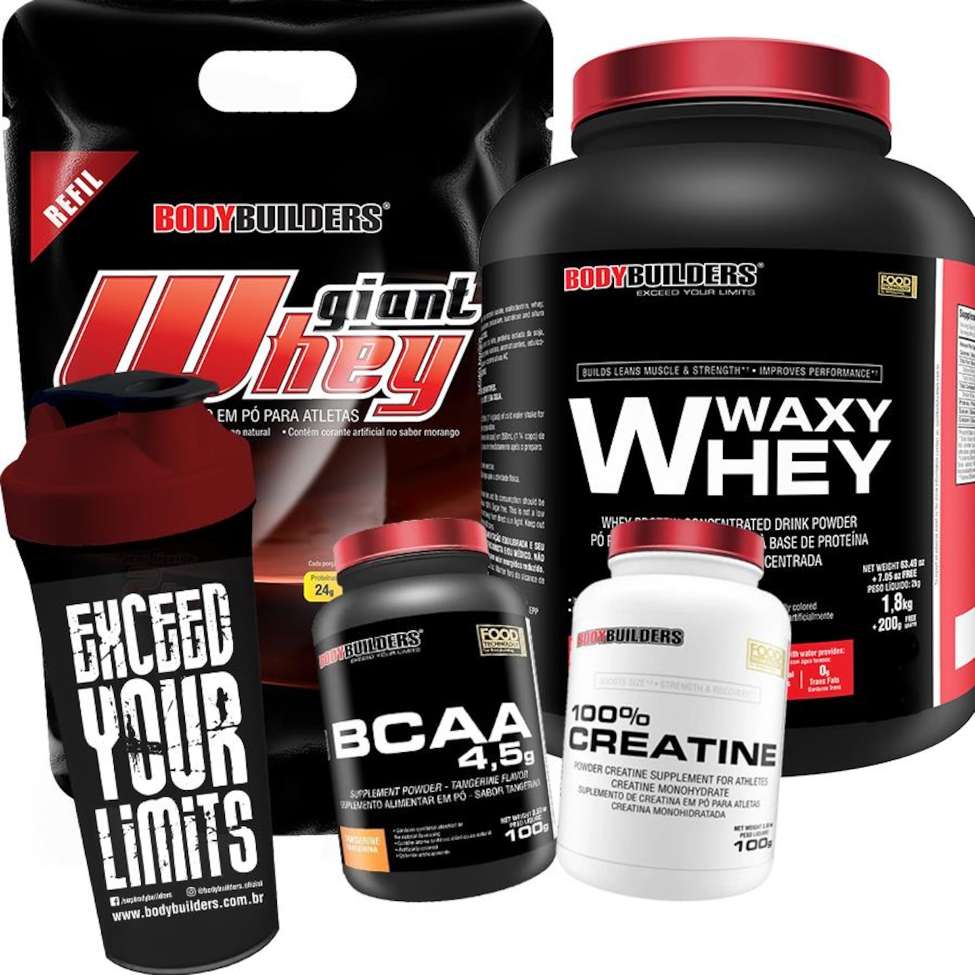 Kit Giant Whey Chocolate Refil 2kg + Waxy Whey 2kg +  BCAA 100g + Creatina 100g + Coqueteleira - BB - Foto 1