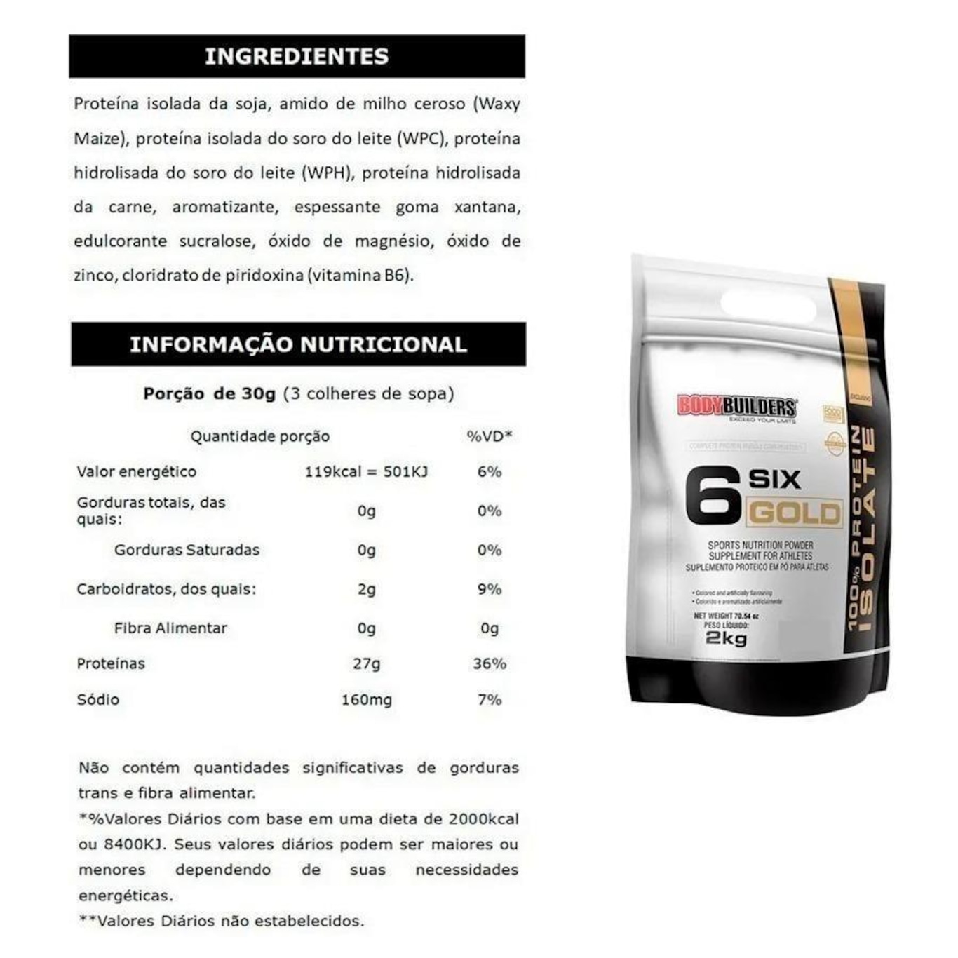 Whey Protein Isolado Bodybuilders Chocolate 6 Six Gold Isolate - 2kg - Foto 2