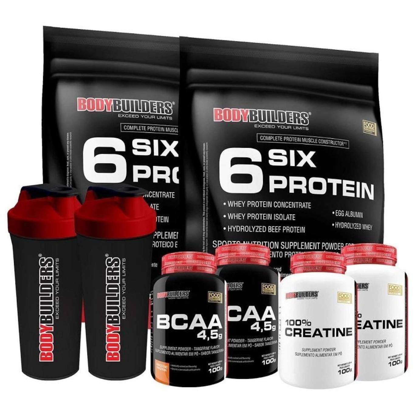 Kit Six Protein Bodybuilders - Morango - 900g + Six - Baunilha + BCAA - 2 potes + Creatina - 2  potes + Shaker - 2 unidades - Foto 1