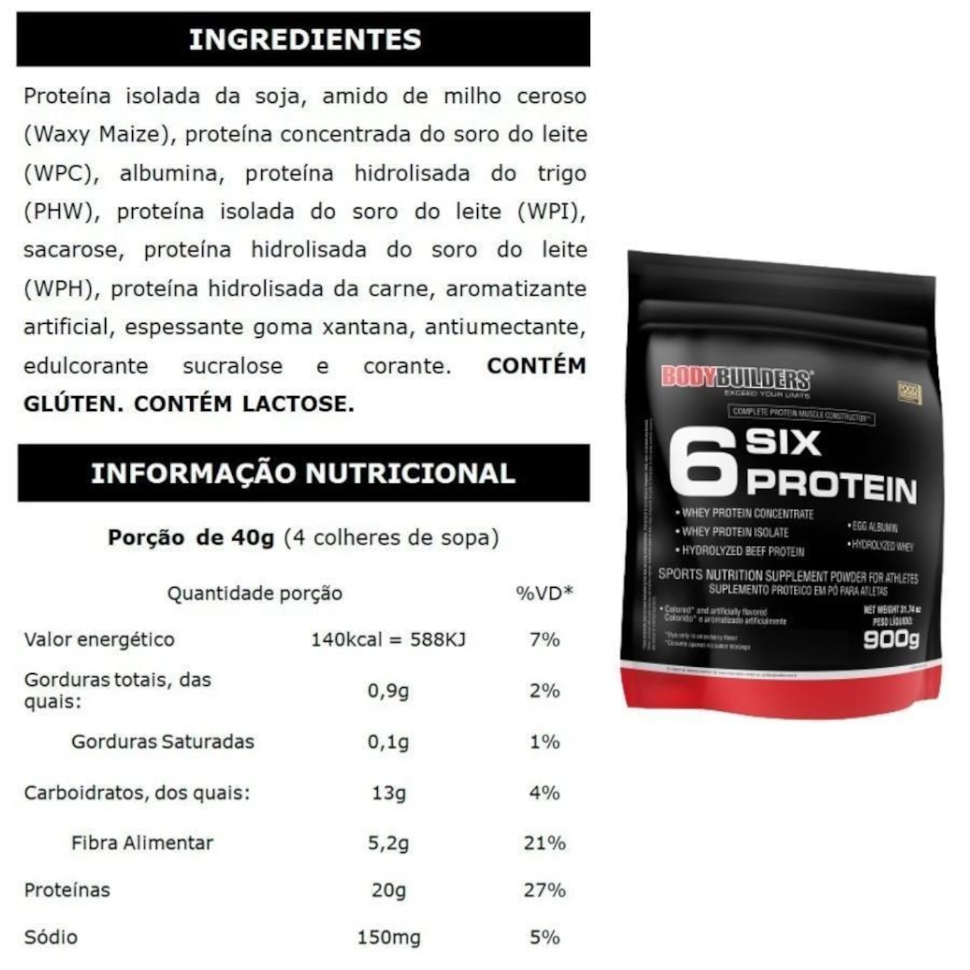 Kit Six Protein Bodybuilders - Morango - 900g + Six - Baunilha + BCAA - 2 potes + Creatina - 2  potes + Shaker - 2 unidades - Foto 2